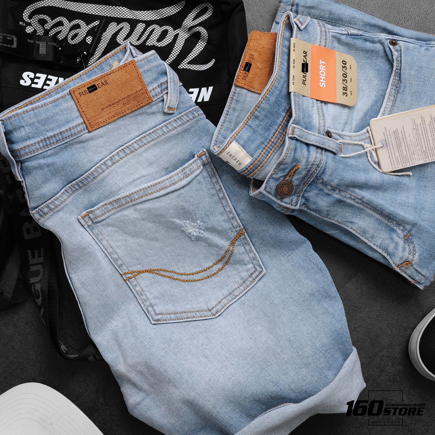Quần short denim P.B wash rách