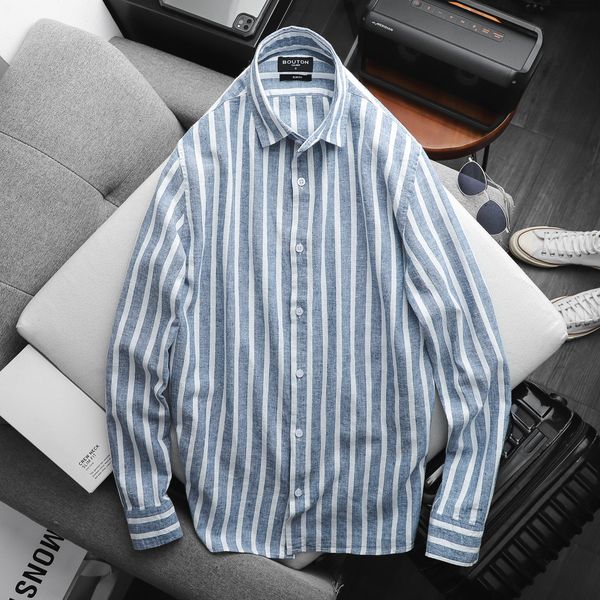 Áo Sơmi Linen BOUTON White & Blue Striped