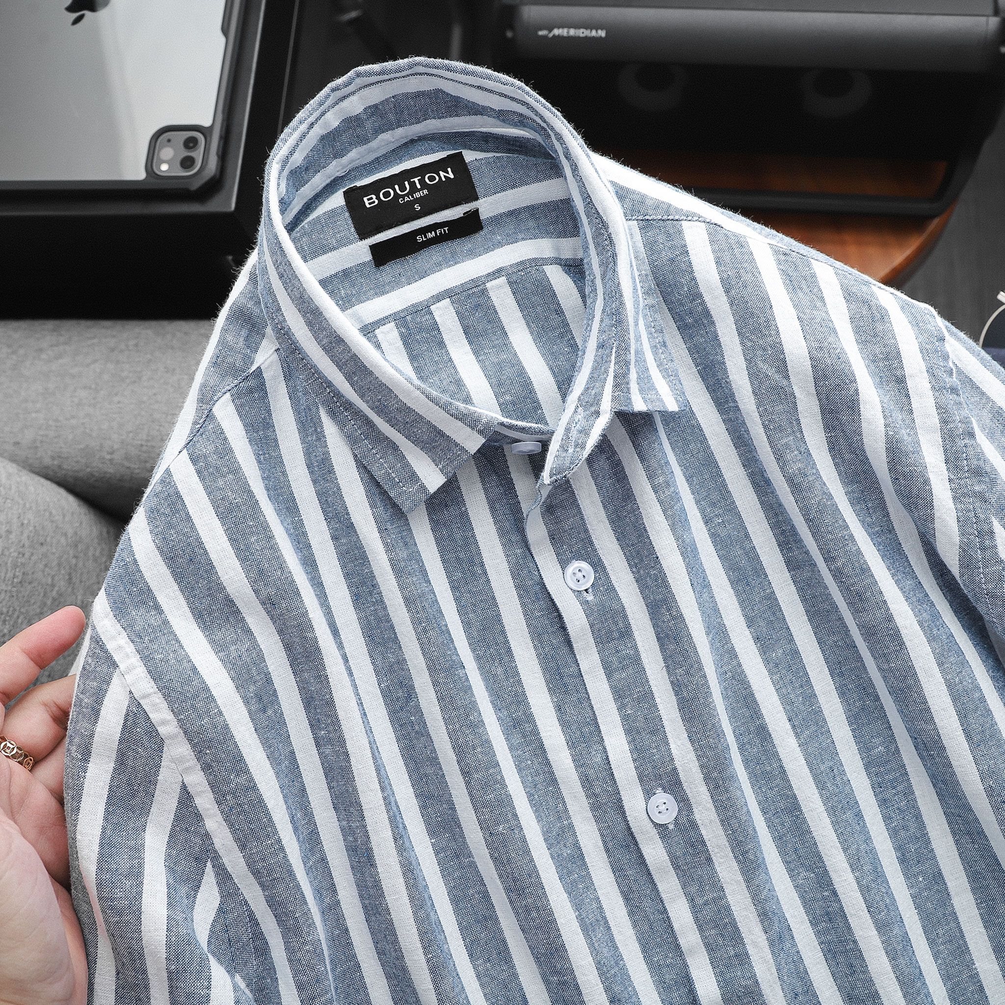 Áo Sơmi Linen BOUTON White & Blue Striped