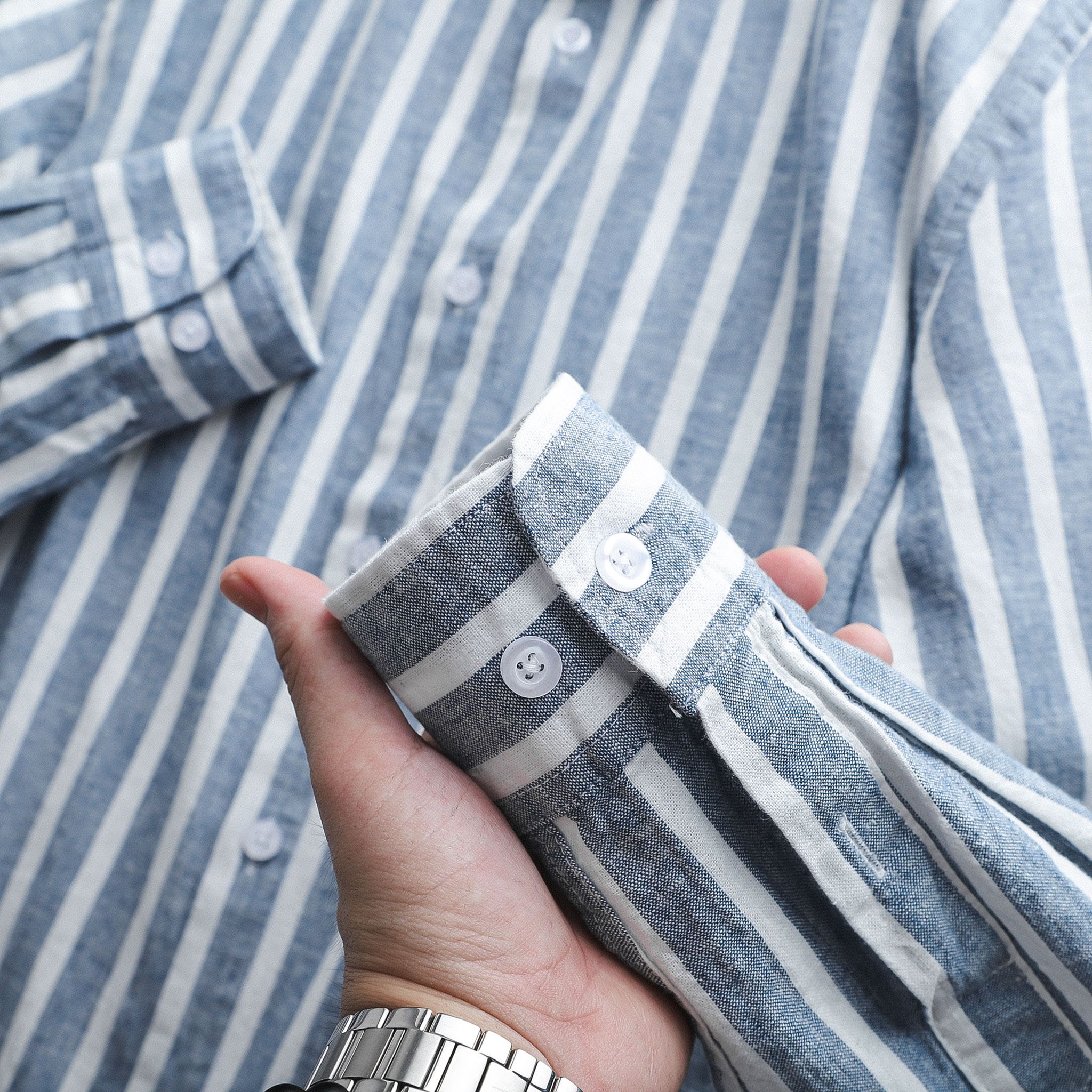 Áo Sơmi Linen BOUTON White & Blue Striped