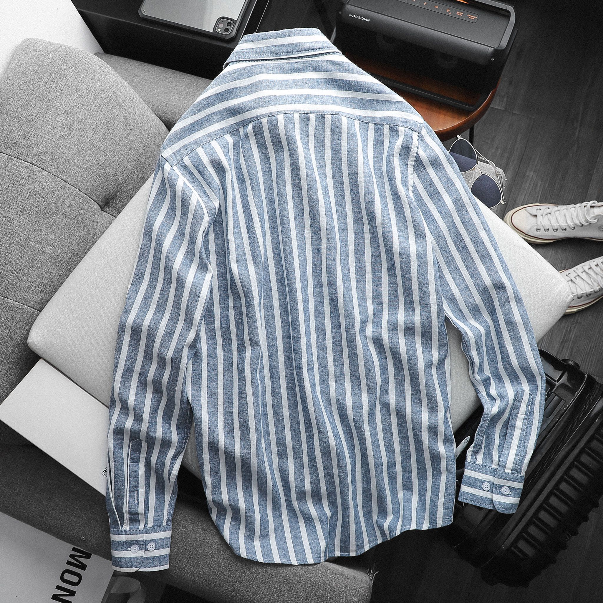 Áo Sơmi Linen BOUTON White & Blue Striped