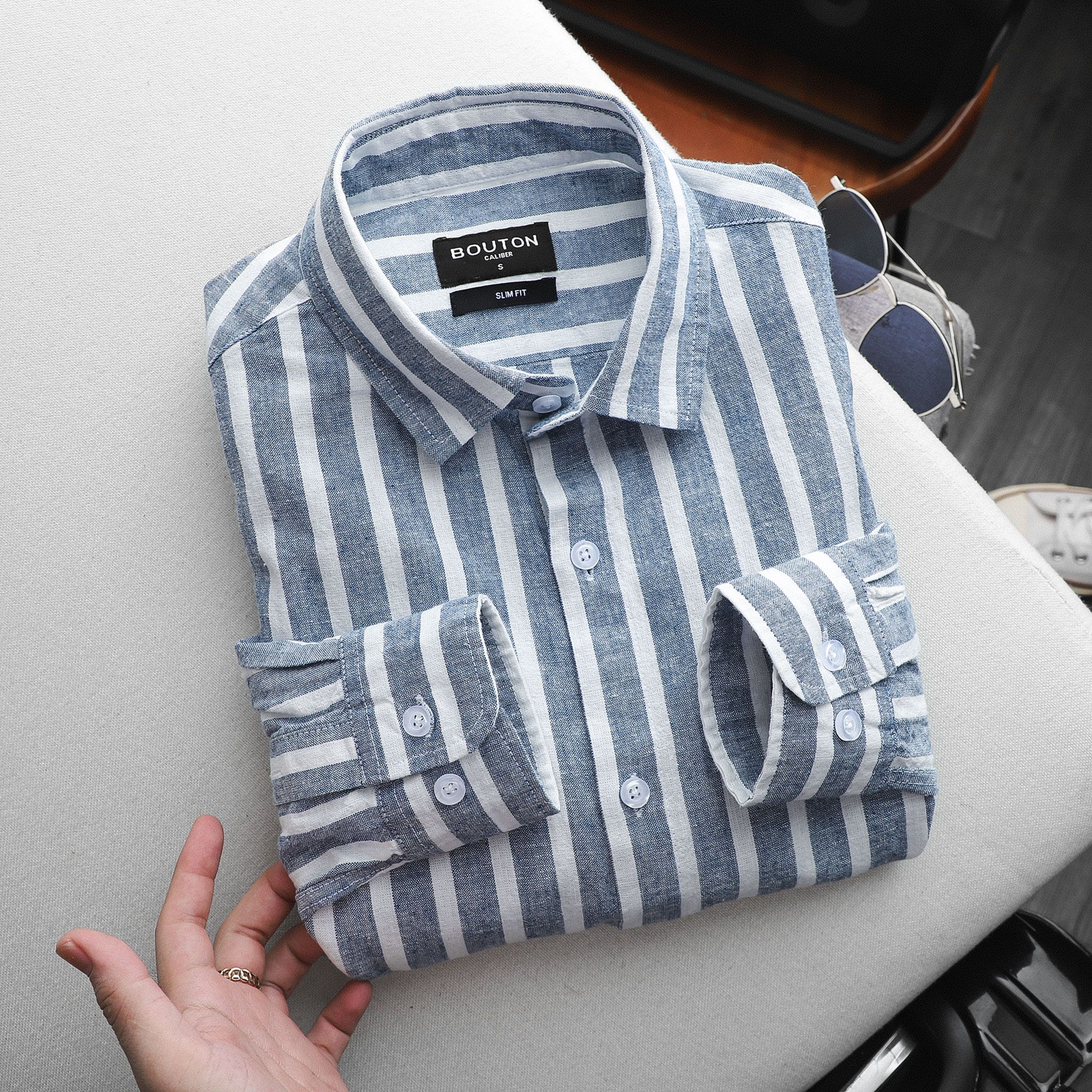 Áo Sơmi Linen BOUTON White & Blue Striped