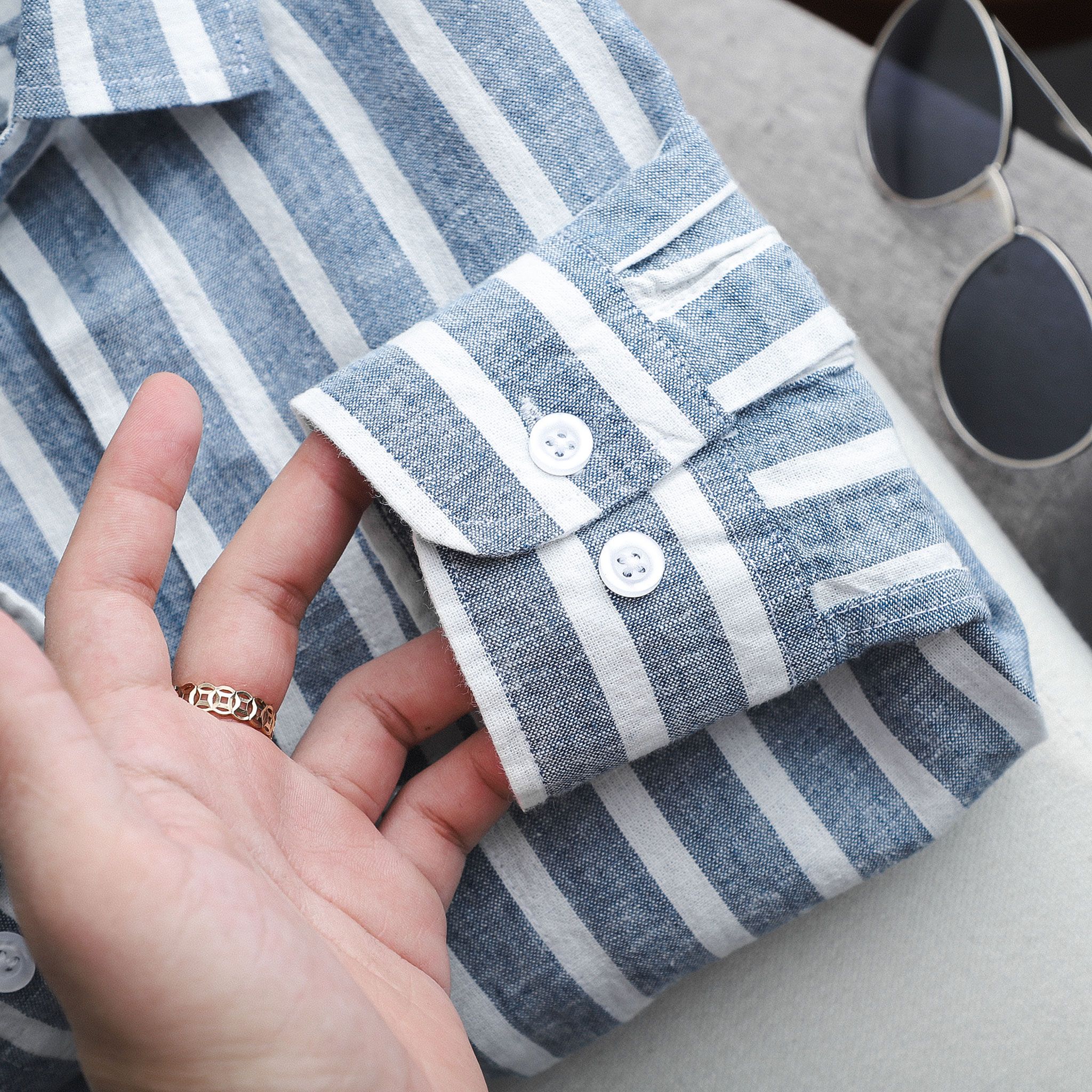 Áo Sơmi Linen BOUTON White & Blue Striped