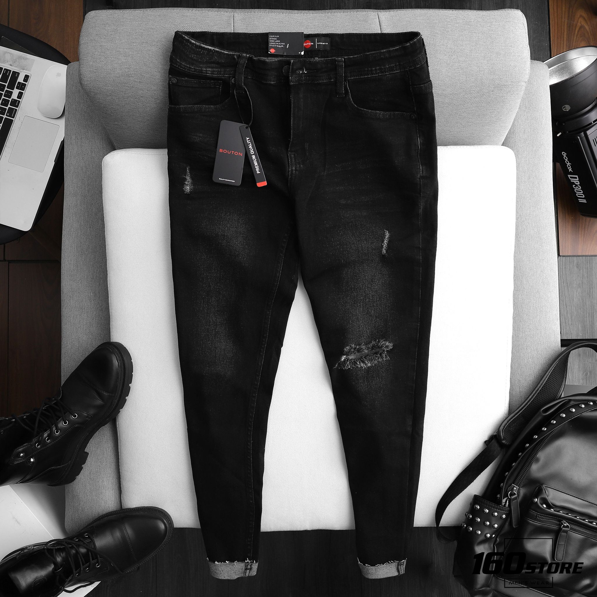 Quần jeans BOUTON dark grey slim rách