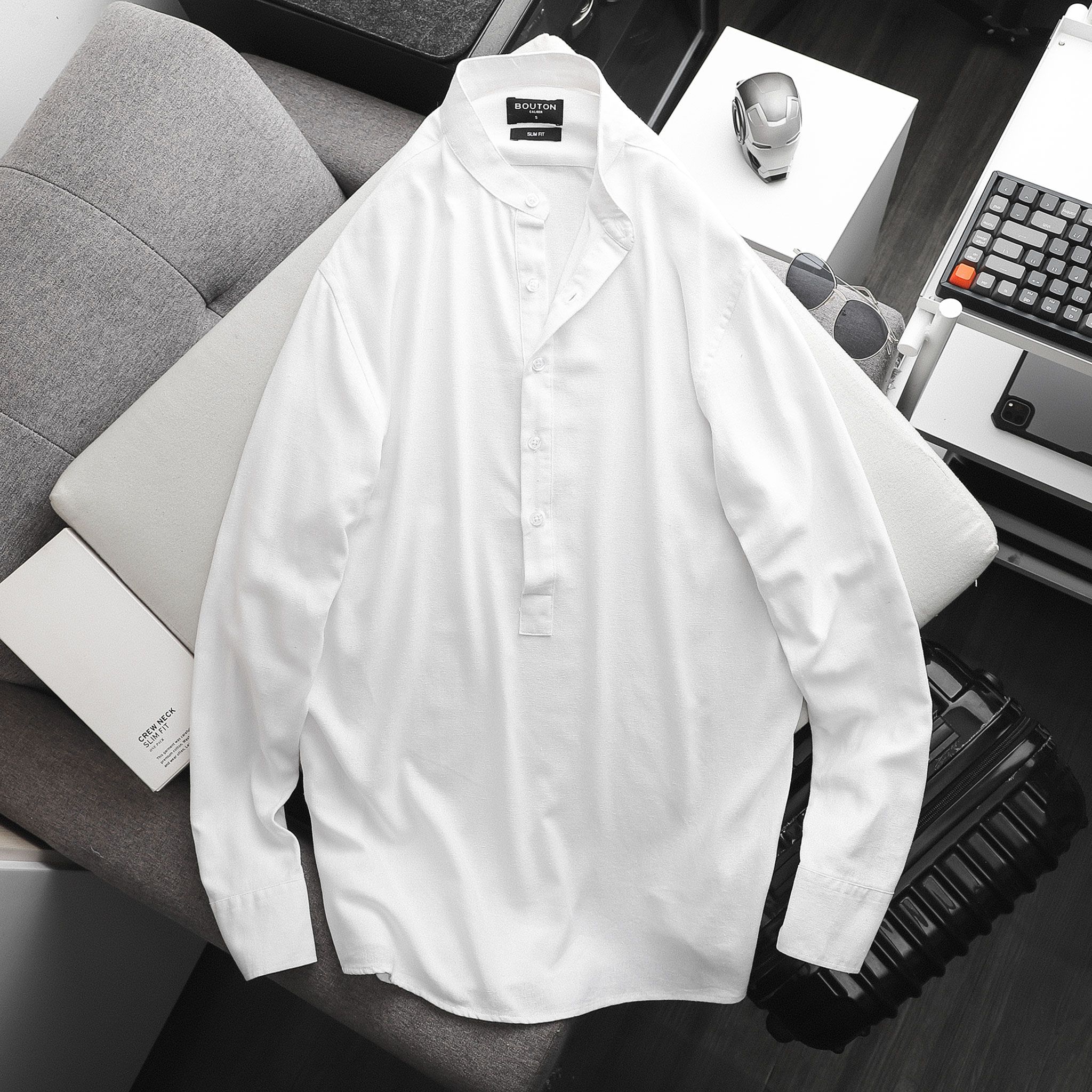 Áo sơmi linen BOUTON cổ trụ