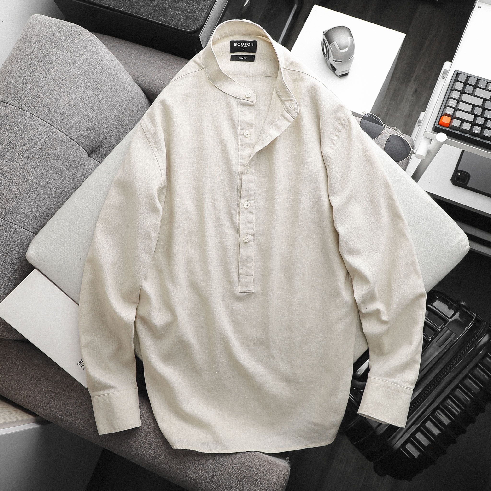 Áo sơmi linen BOUTON cổ trụ