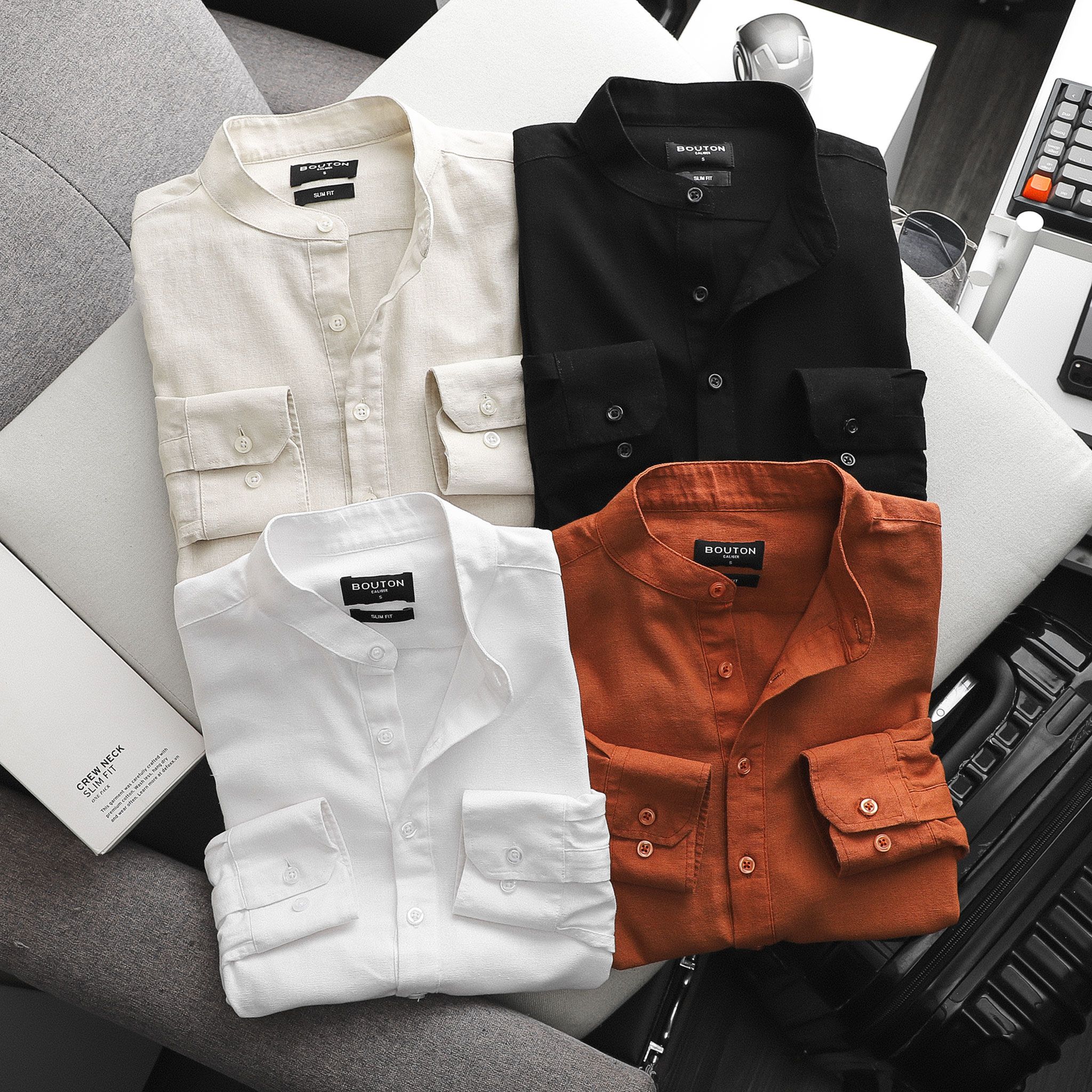 Áo sơmi linen BOUTON cổ trụ