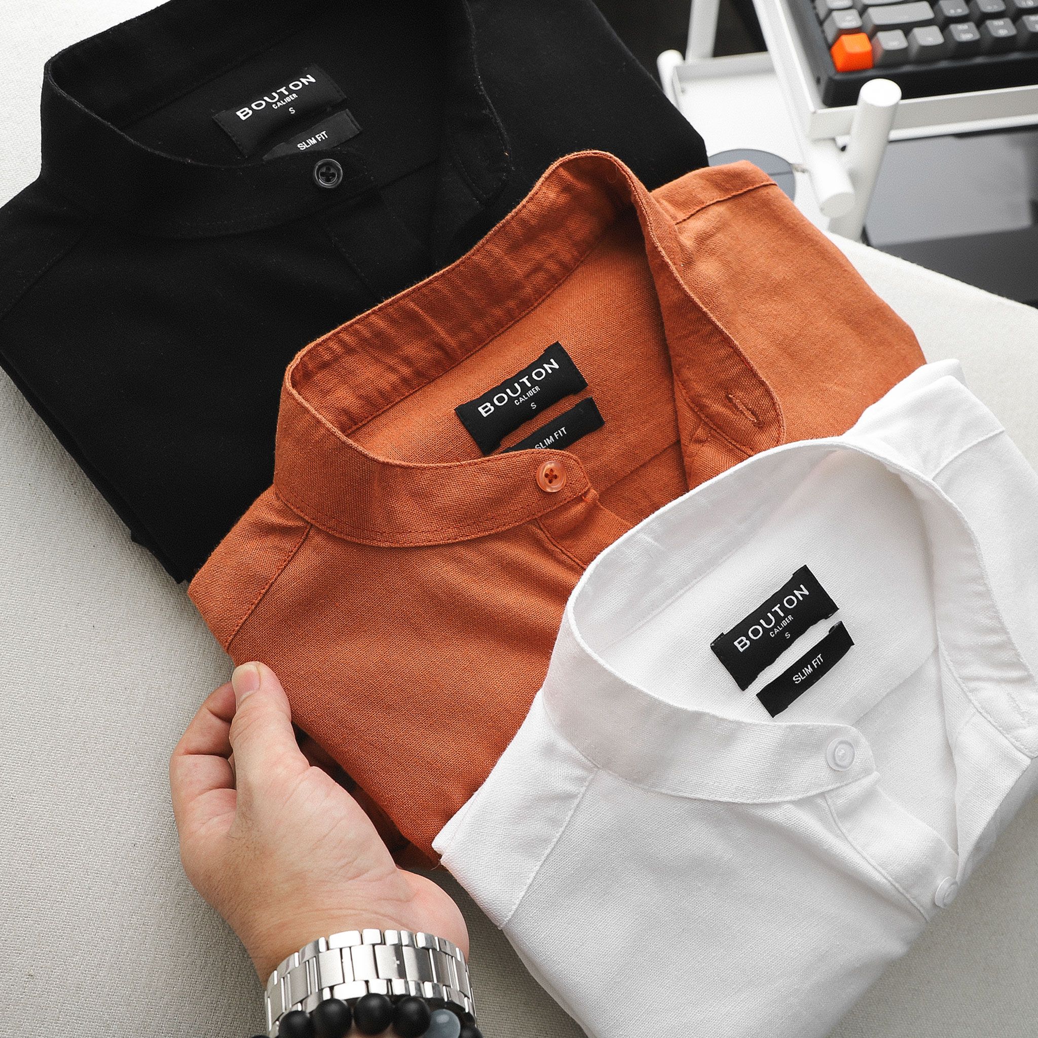 Áo sơmi linen BOUTON cổ trụ