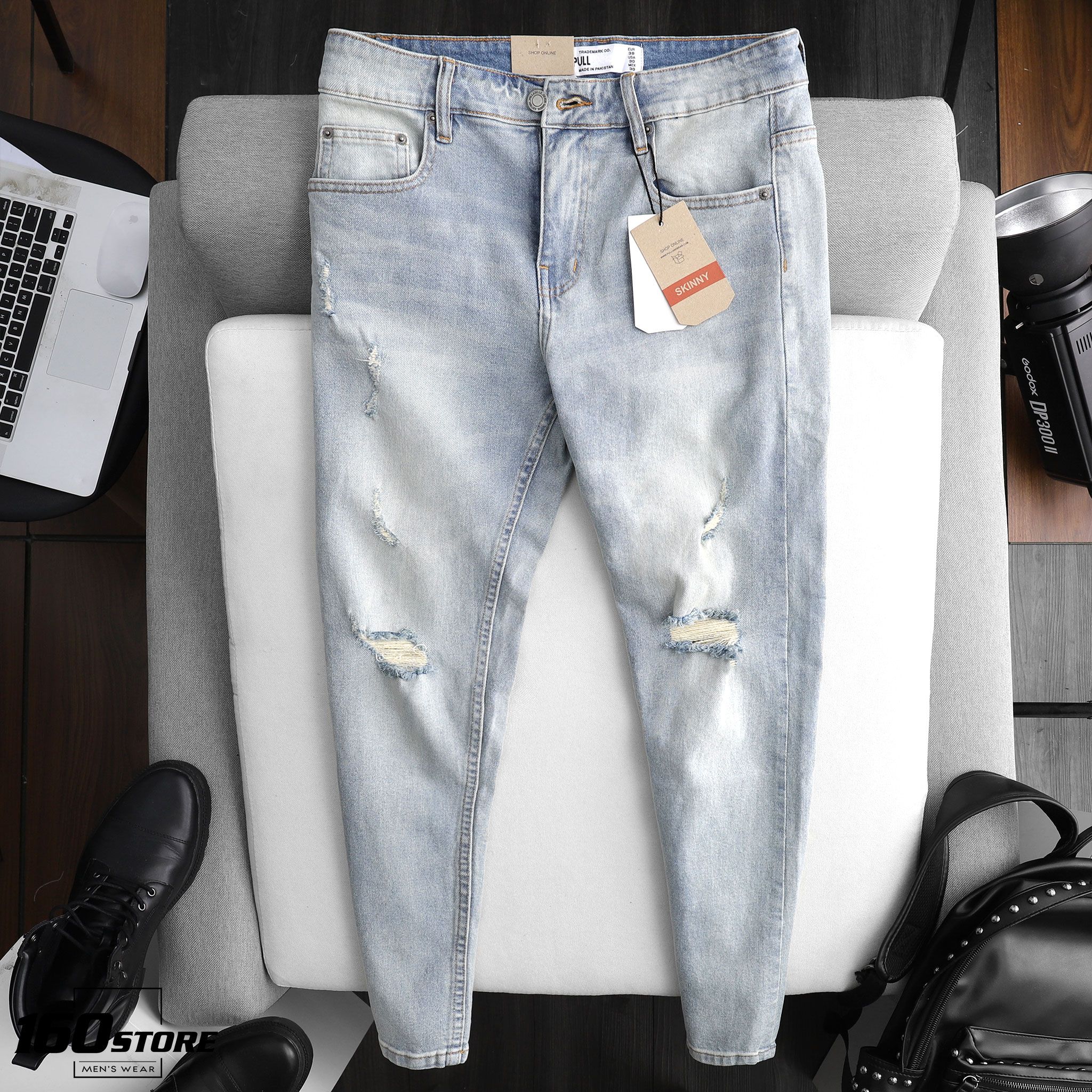 Quần jeans P.B light blue skinny rách