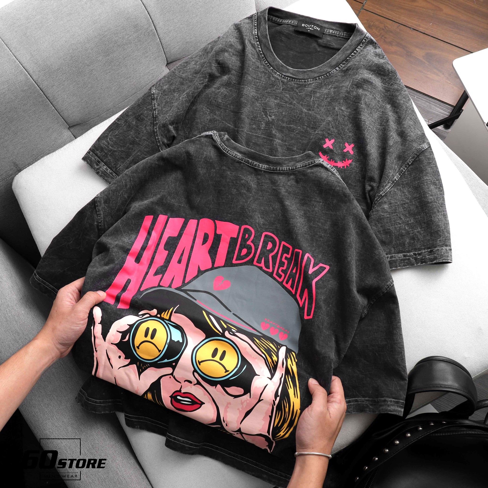 Áo thun BOUTON Heart Break wash acid oversize