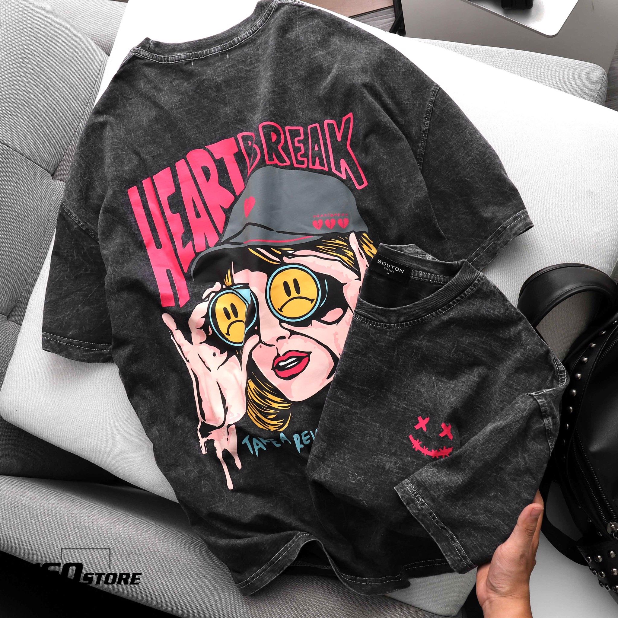 Áo thun BOUTON Heart Break wash acid oversize