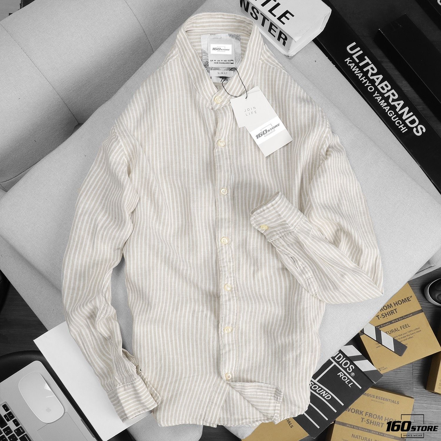 Áo sơmi cổ trụ ZRA linen stripes