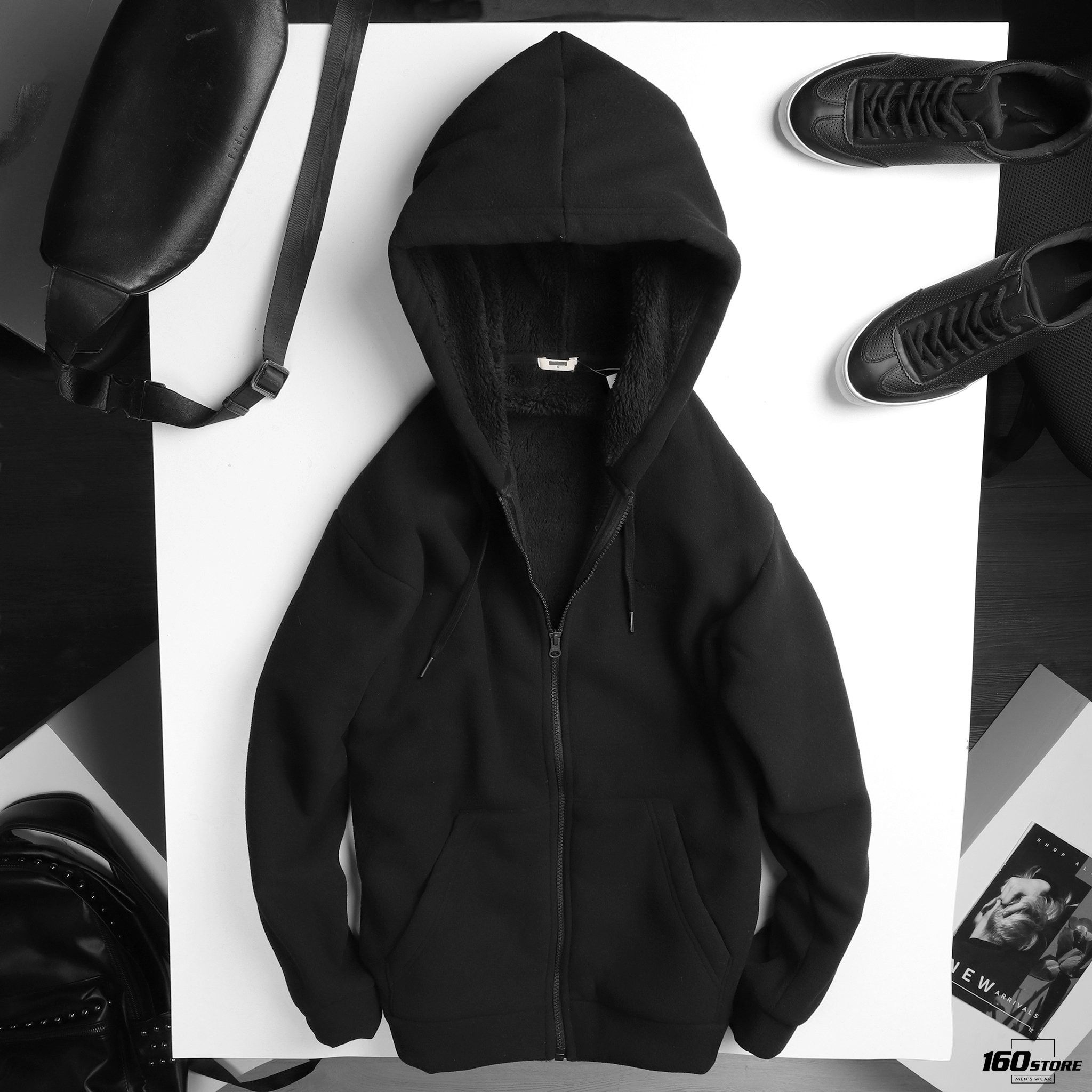 Áo khoác POLHAM hoodie zip lót lông