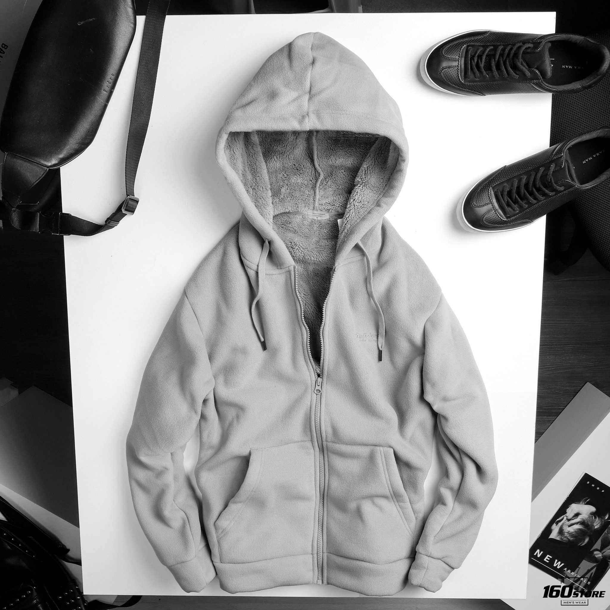 Áo khoác POLHAM hoodie zip lót lông