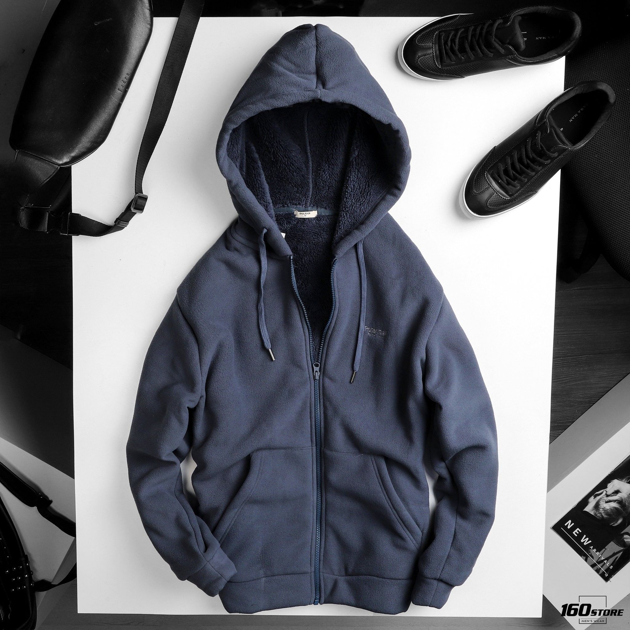 Áo khoác POLHAM hoodie zip lót lông