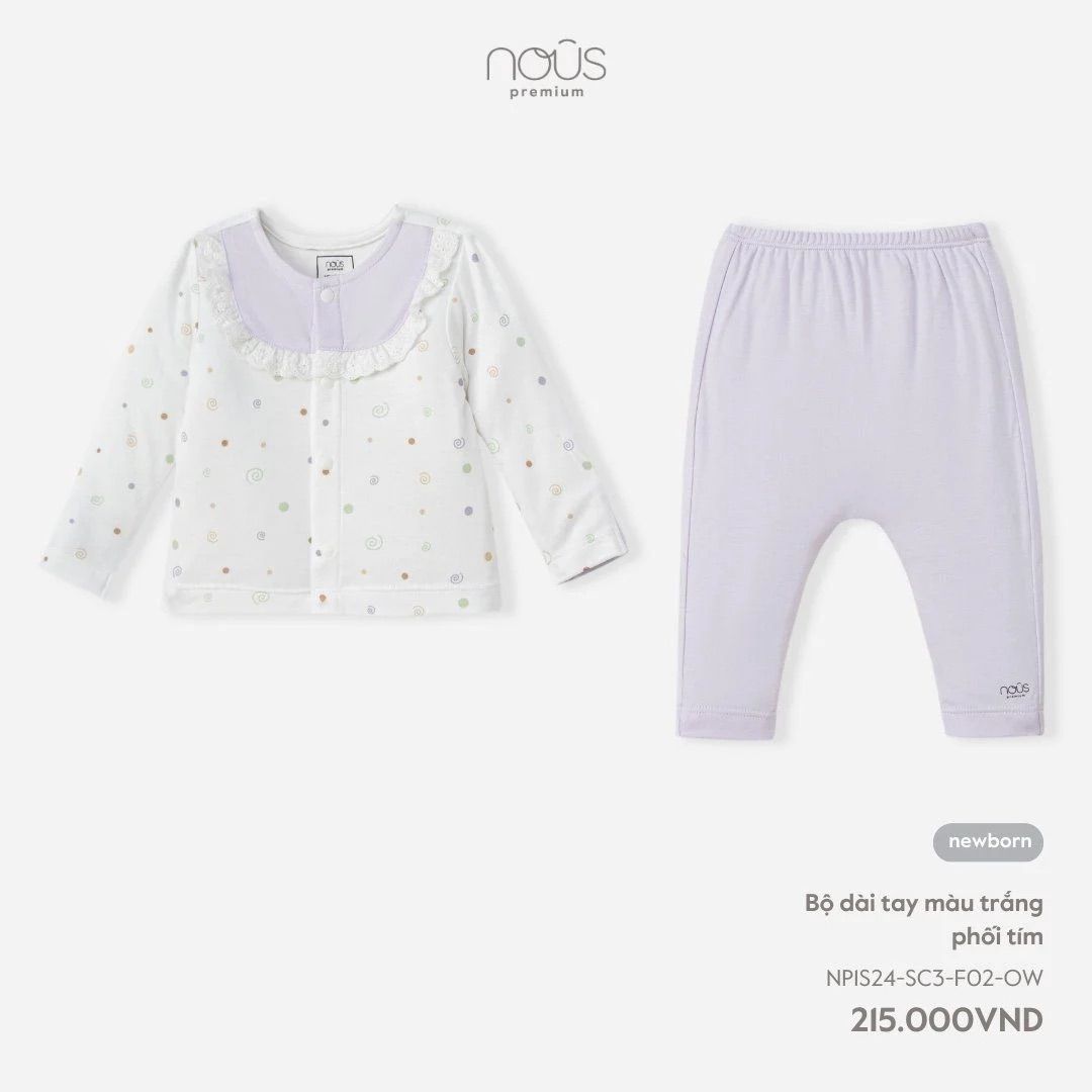 Bộ Tay Dài Nous Bé Gái Tím Phối Trắng Cổ Bèo Chấm Bi - Newborn