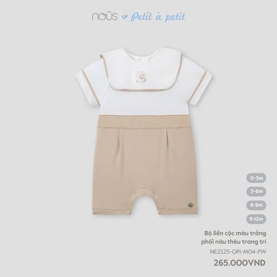 Bộ liền cộc màu trắng phối nâu thêu trang trí Nous