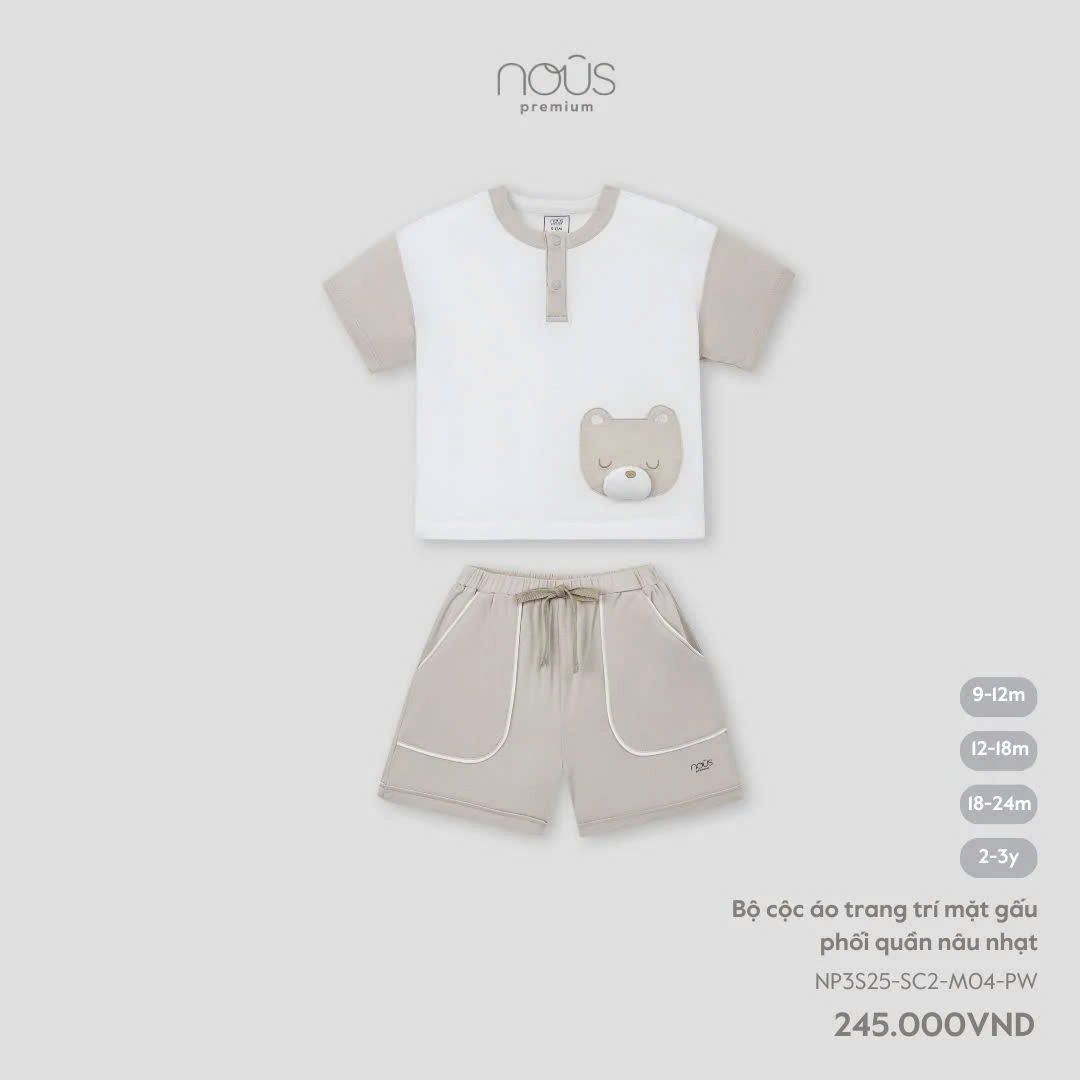 Bộ cộc áo trang trí mặt gấu phối quần nâu nhạt Nous