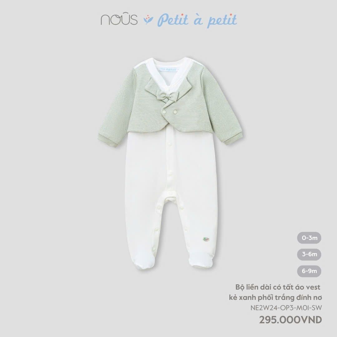 Bộ Liền Dài Có Tất Áo Vest Nous Màu Xanh Kẻ Phối Trắng Đính Nơ