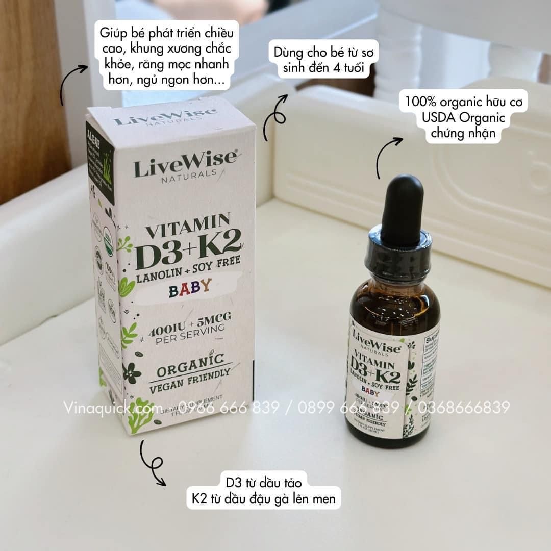 Vitamin D3K2 hữu cơ LiveWise Baby cho bé từ sơ sinh