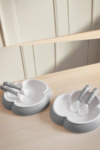 Set 2 Bộ Đĩa, Thìa, Dĩa Ăn Dặm Baby Bjorn - Màu Powder Grey