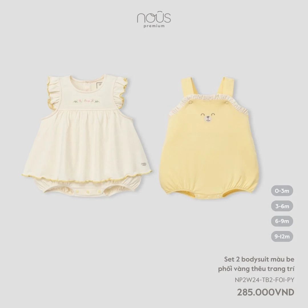 Set 2 bodysuit Nous màu be phối vàng thêu trang trí