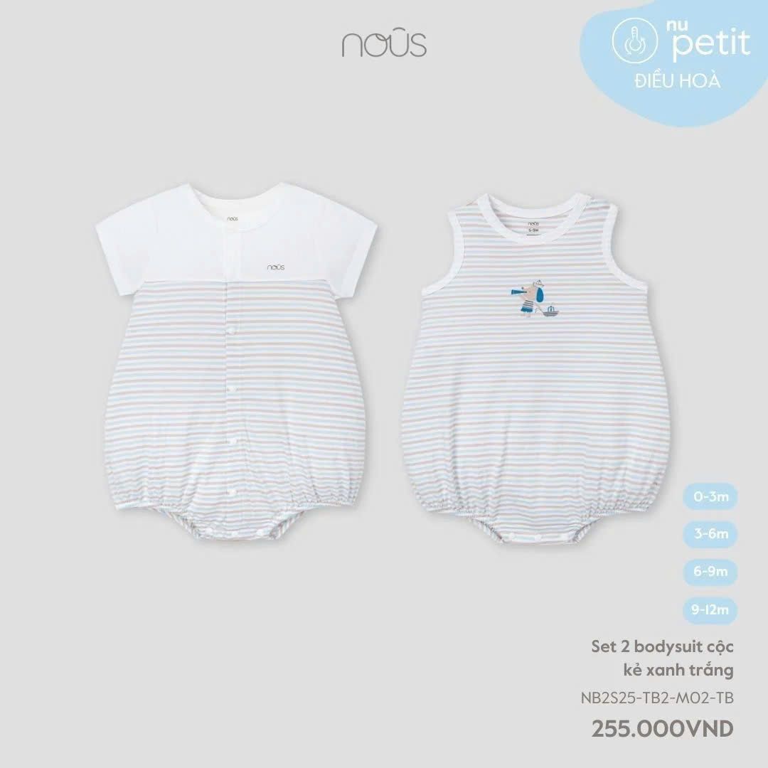 Set 2 bodysuit cộc kẻ xanh trắng Nous