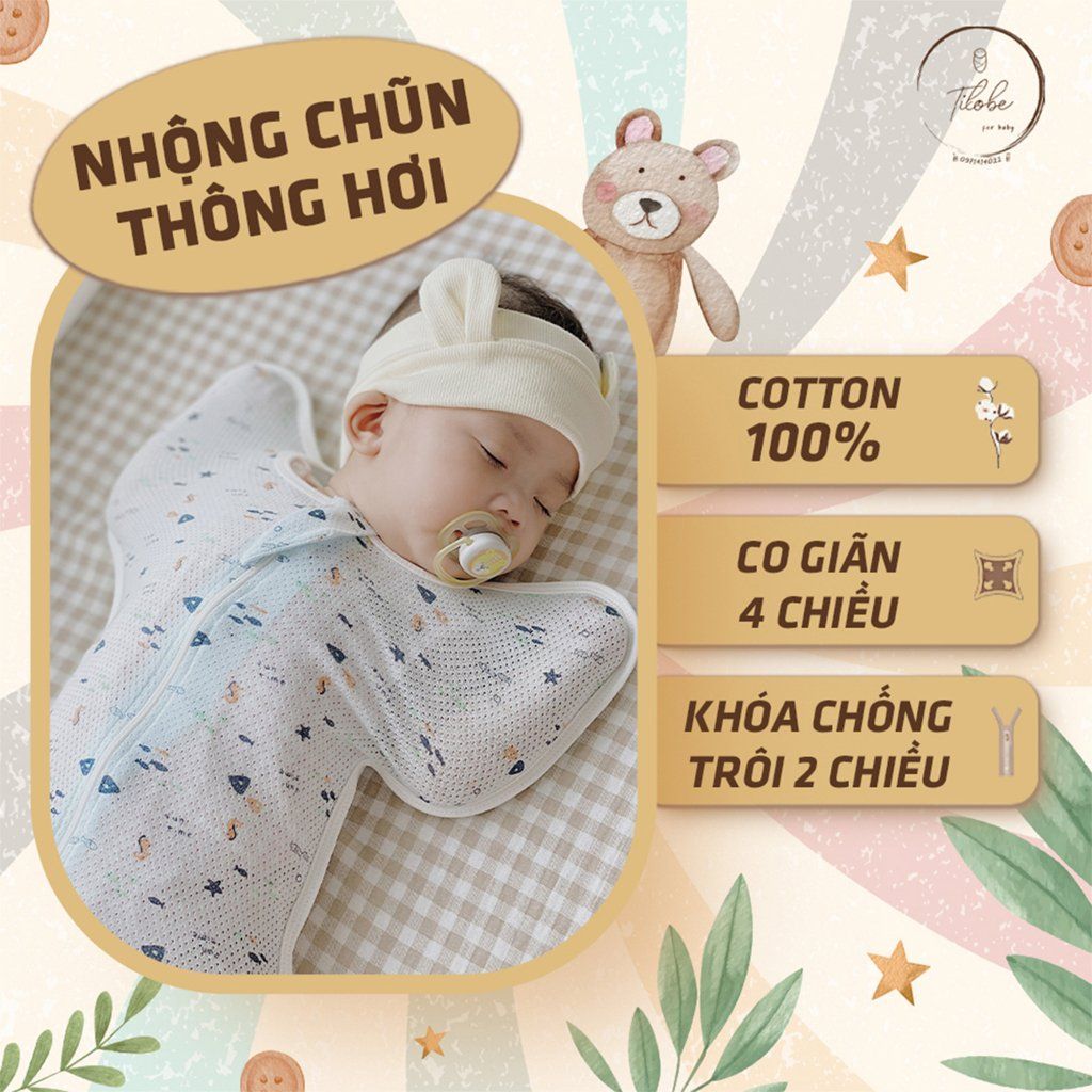 Nhộng Chũn Thông Hơi Cotton Tilobe Siêu Mỏng Mềm Mịn Cho Bé