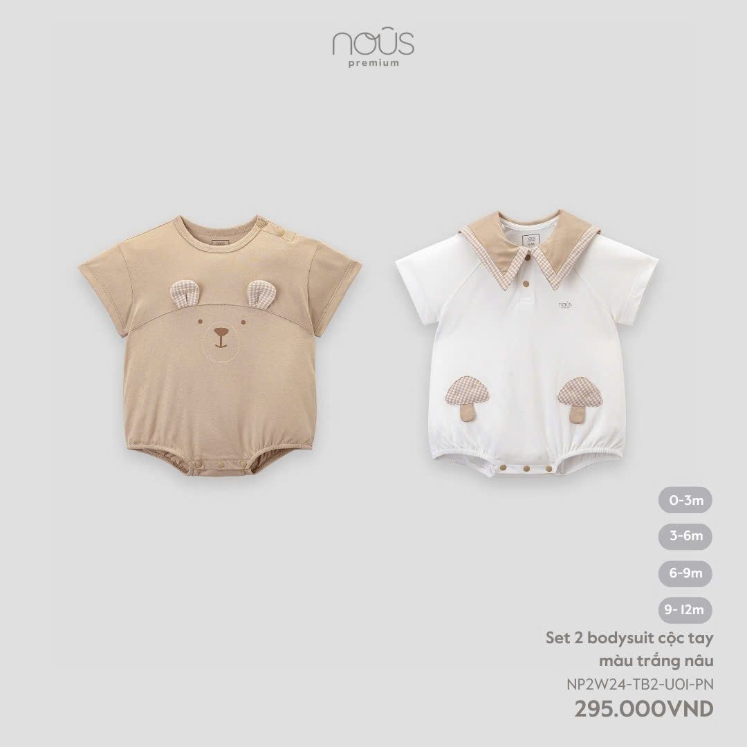 Set 2 Bodysuit Nous Cộc Tay Màu Trắng Nâu