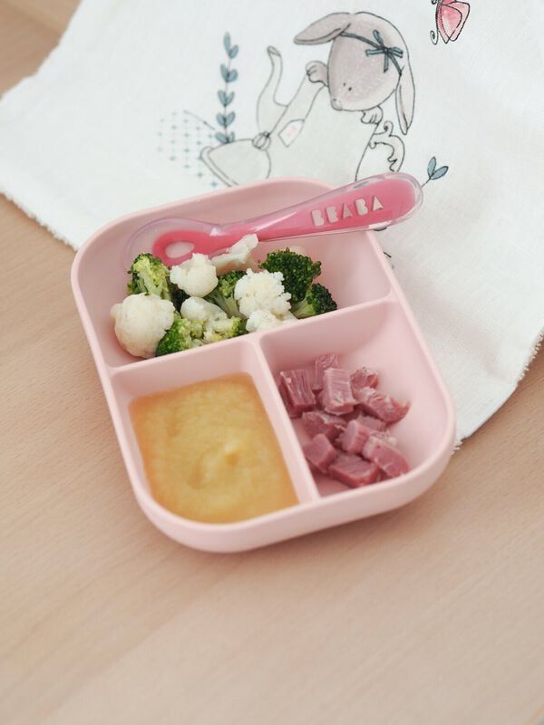 Khay Ăn Dặm Chia Ngăn Silicone Kèm Muỗng Beaba - Màu Pink