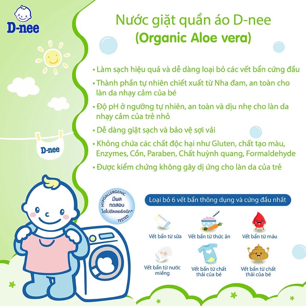 Nước Giặt Quần Áo Em Bé Dnee Xanh Lá - Organic Aloe Vera 3L