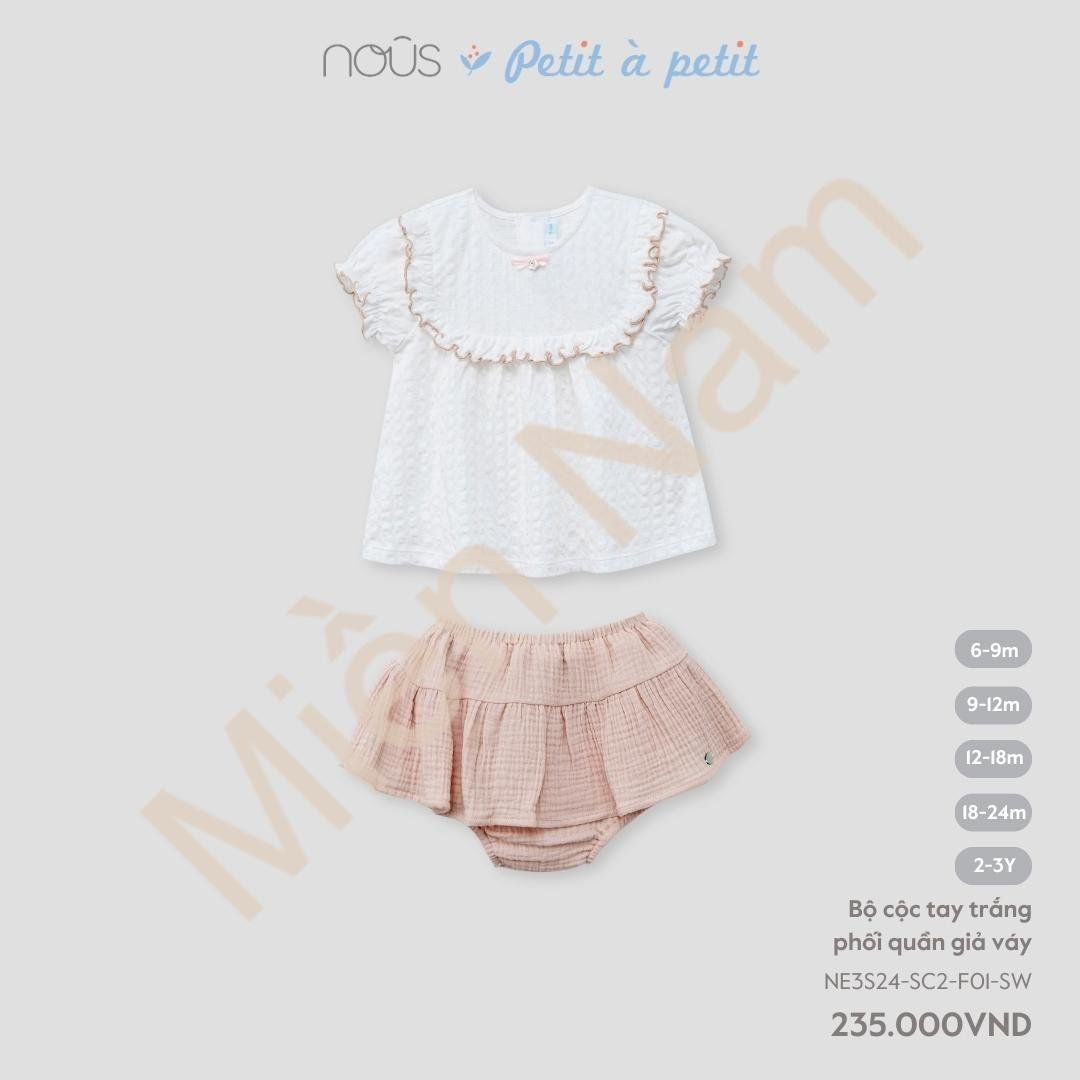 Bộ Tay Ngắn Nous Petit à petit Trắng Phối Quần Giả Váy Hồng