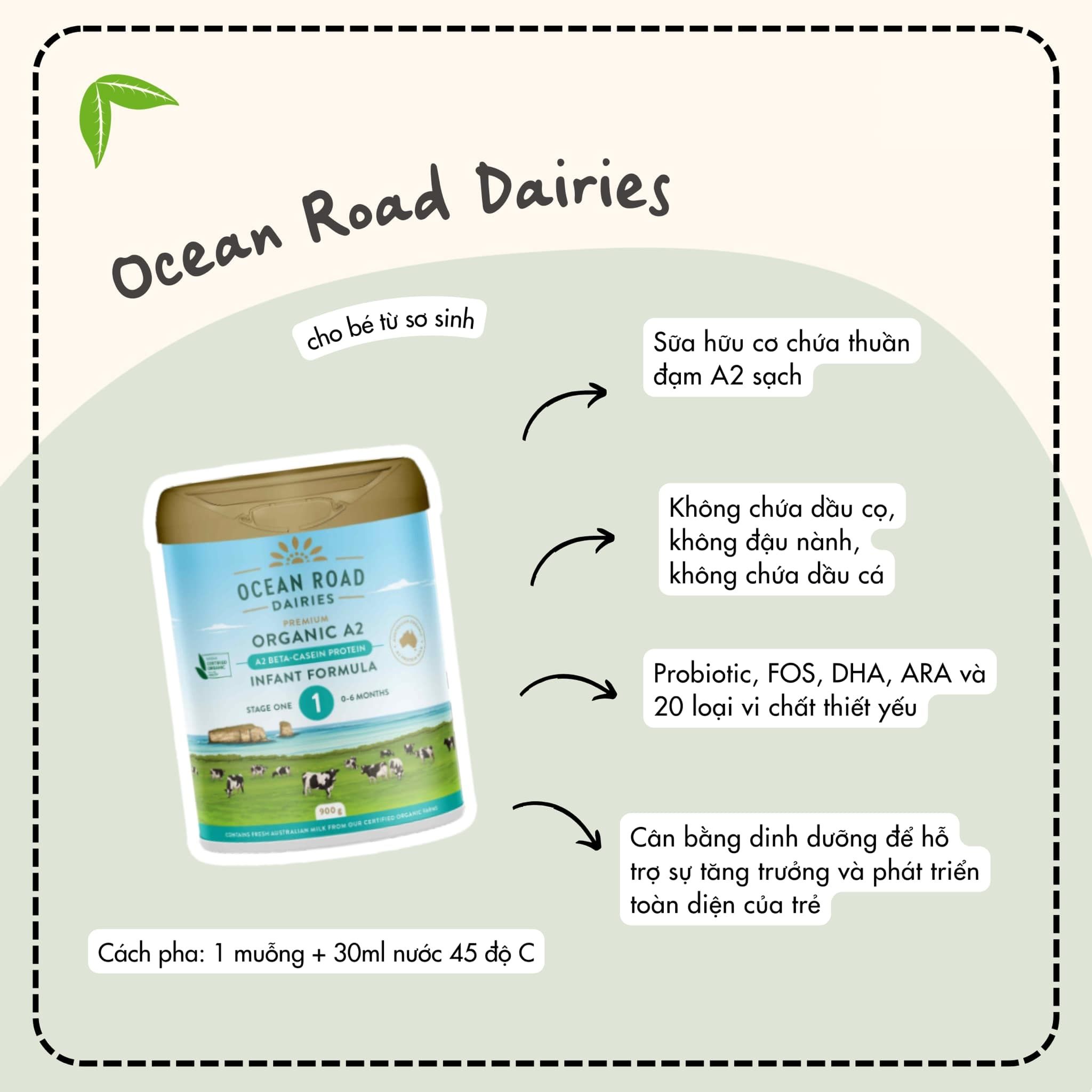 Sữa Ocean Road Dairies Infant Organic A2 Số 1 Cho Bé Từ 0-6 Tháng (900g)