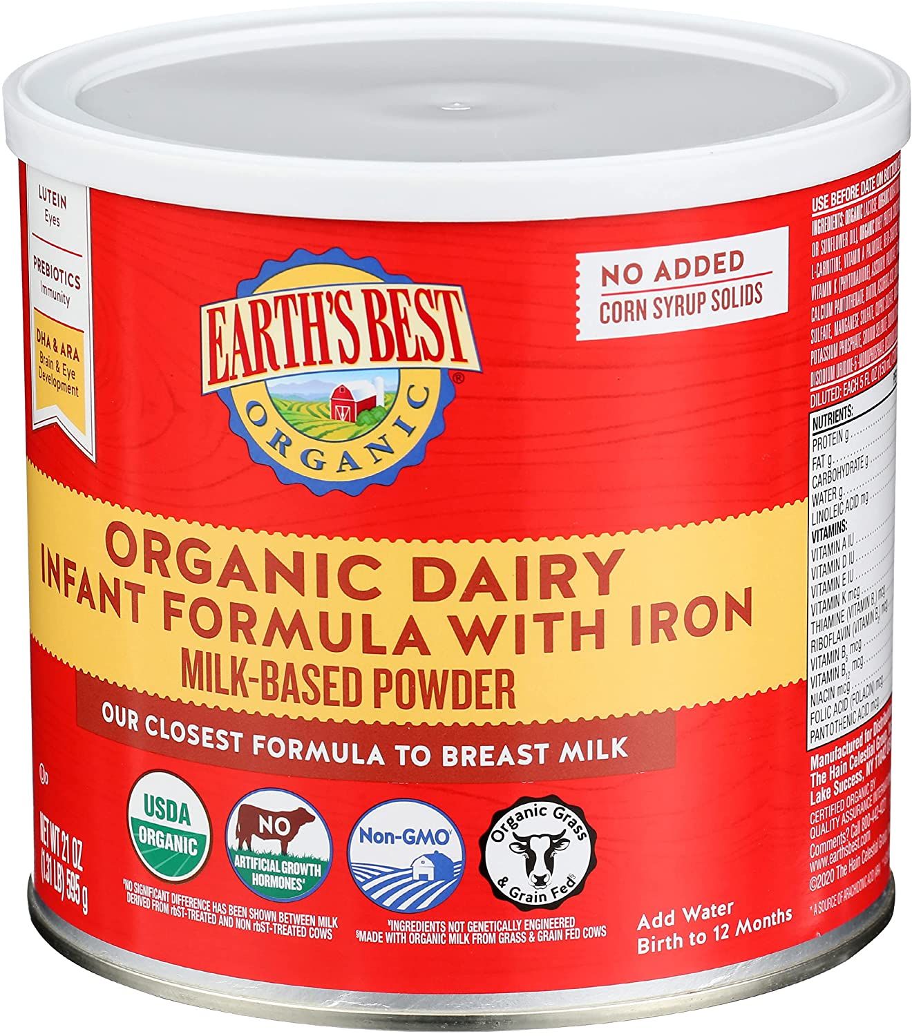 Sữa Earth's Best Organic Dairy Infant Powder Formula with Iron, Omega-3 DHA and Omega-6 ARA, 0-12 tháng, hộp 595g