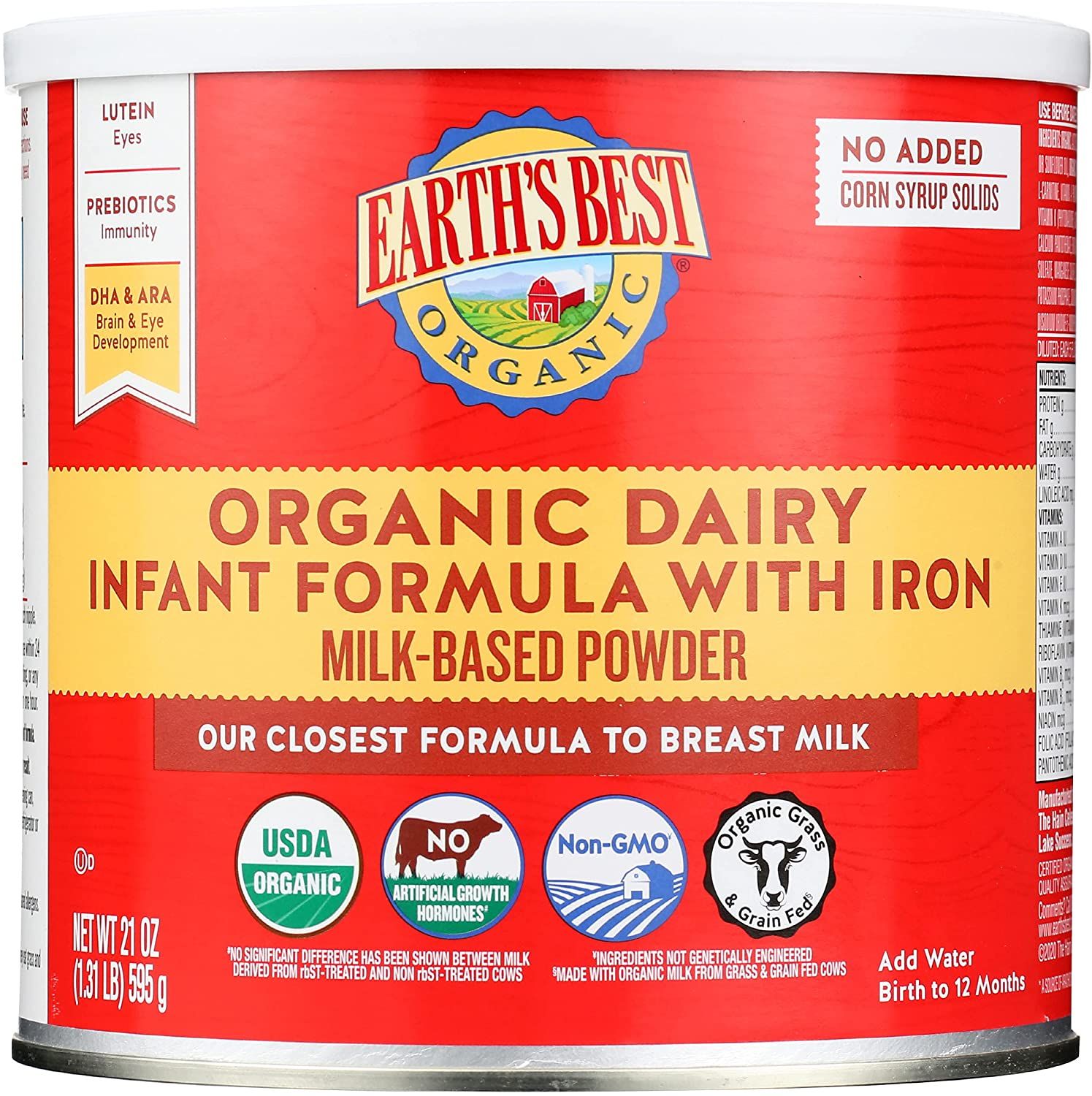 Sữa Earth's Best Organic Dairy Infant Powder Formula with Iron, Omega-3 DHA and Omega-6 ARA, 0-12 tháng, hộp 595g