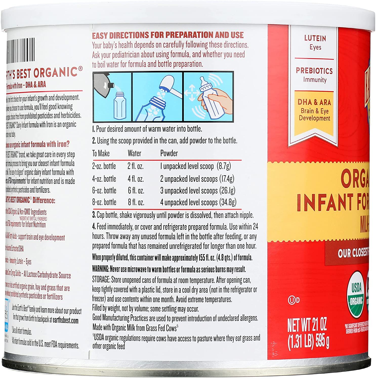 Sữa Earth's Best Organic Dairy Infant Powder Formula with Iron, Omega-3 DHA and Omega-6 ARA, 0-12 tháng, hộp 595g