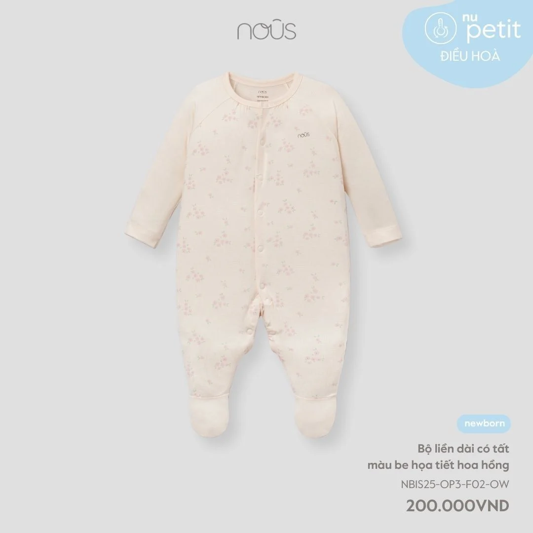 Bộ liền dài có tất Nous màu be họa tiết hoa hồng NB