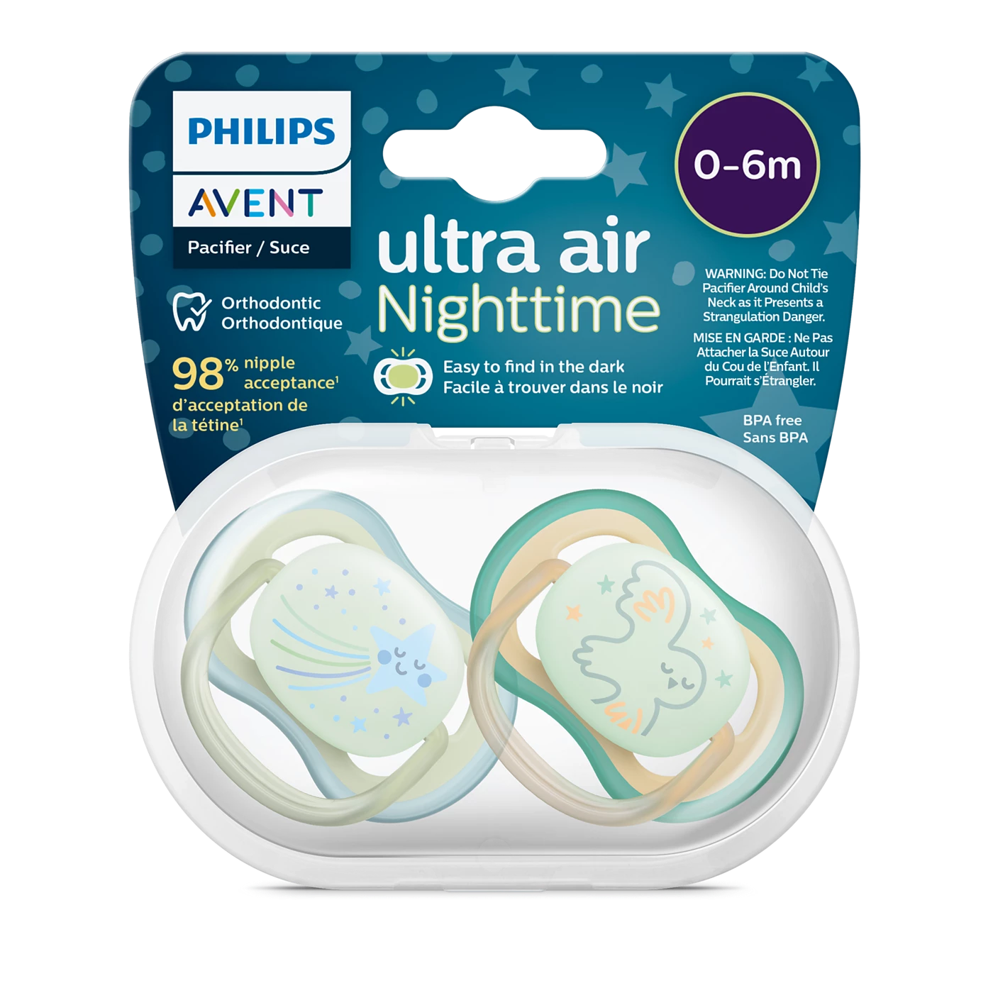 Set 2 Ti Giả Philips Avent Thông Khí Ultra Air Nighttime Phát Quang (0-6M)