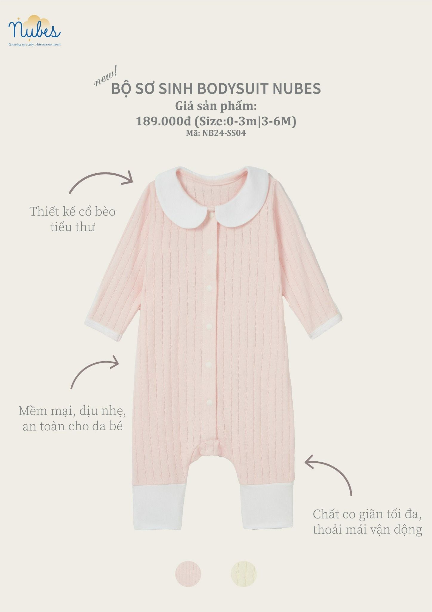 Bodysuit Nubes Tay Dài Màu Hồng Phối Trắng