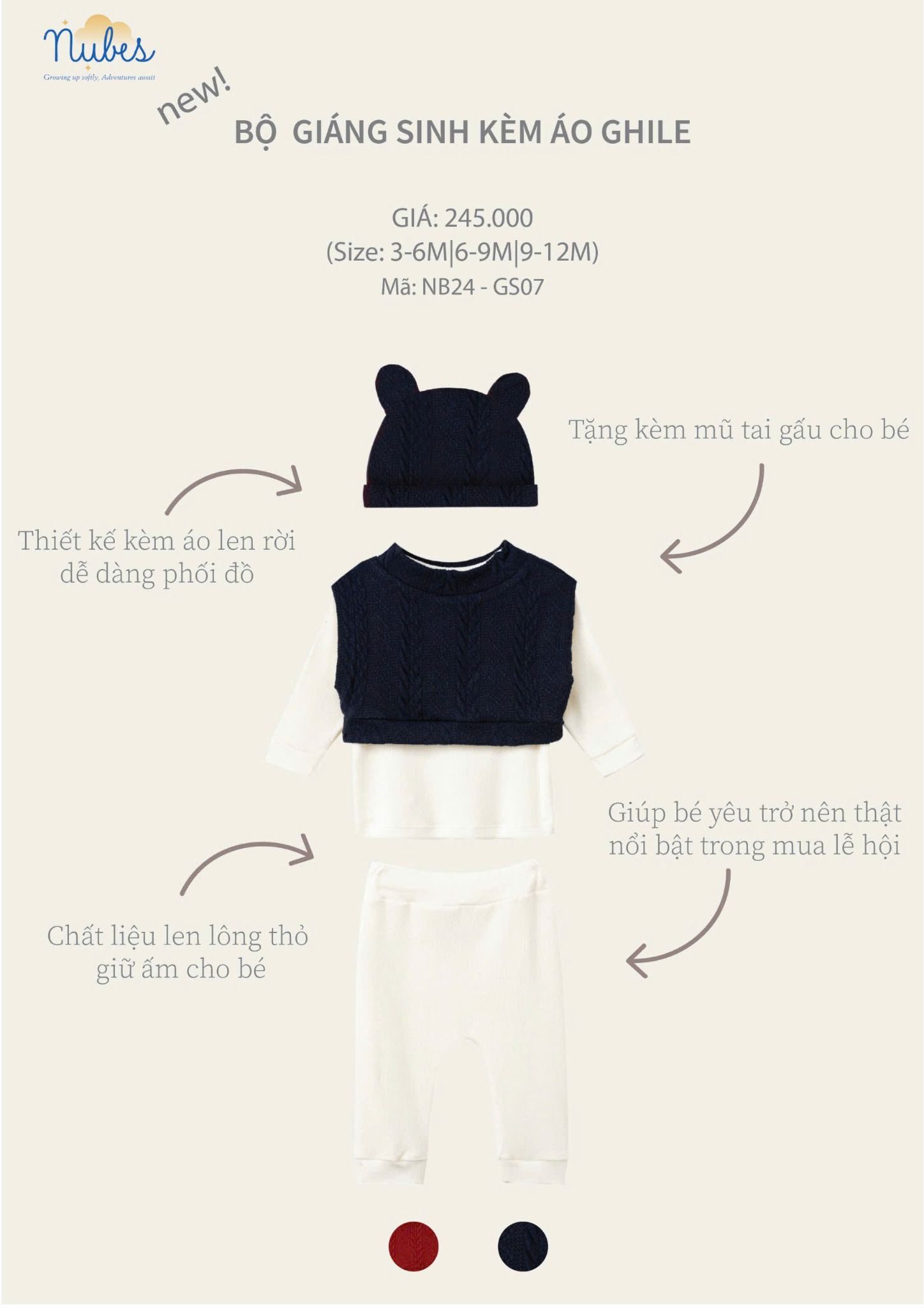 BỘ LEN GIÁNG SINH KÈM ÁO GILE NUBES XANH NAVY