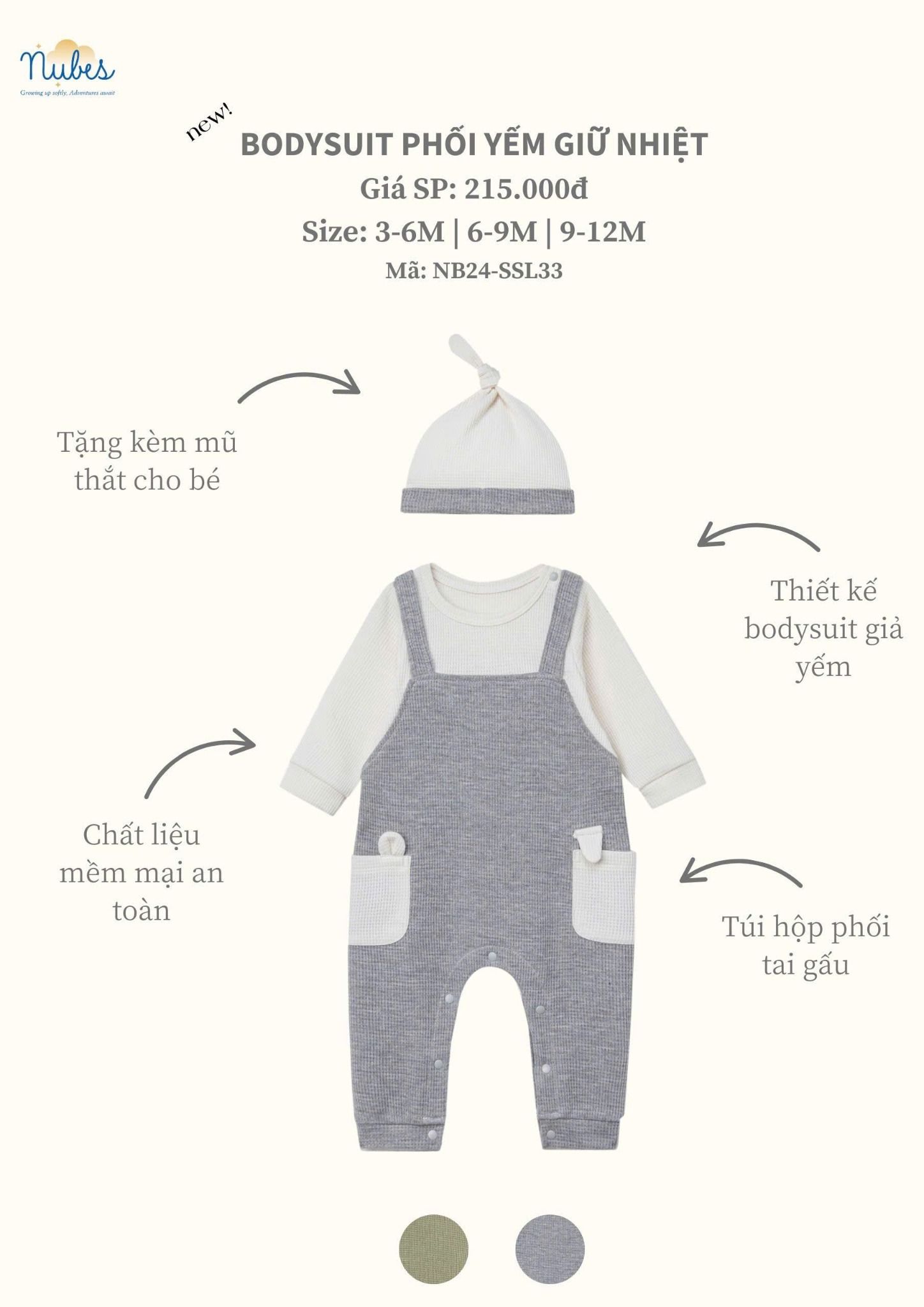 BODYSUIT PHỐI YẾM GIỮ NHIỆT KÈM MŨ THẮT NUBES