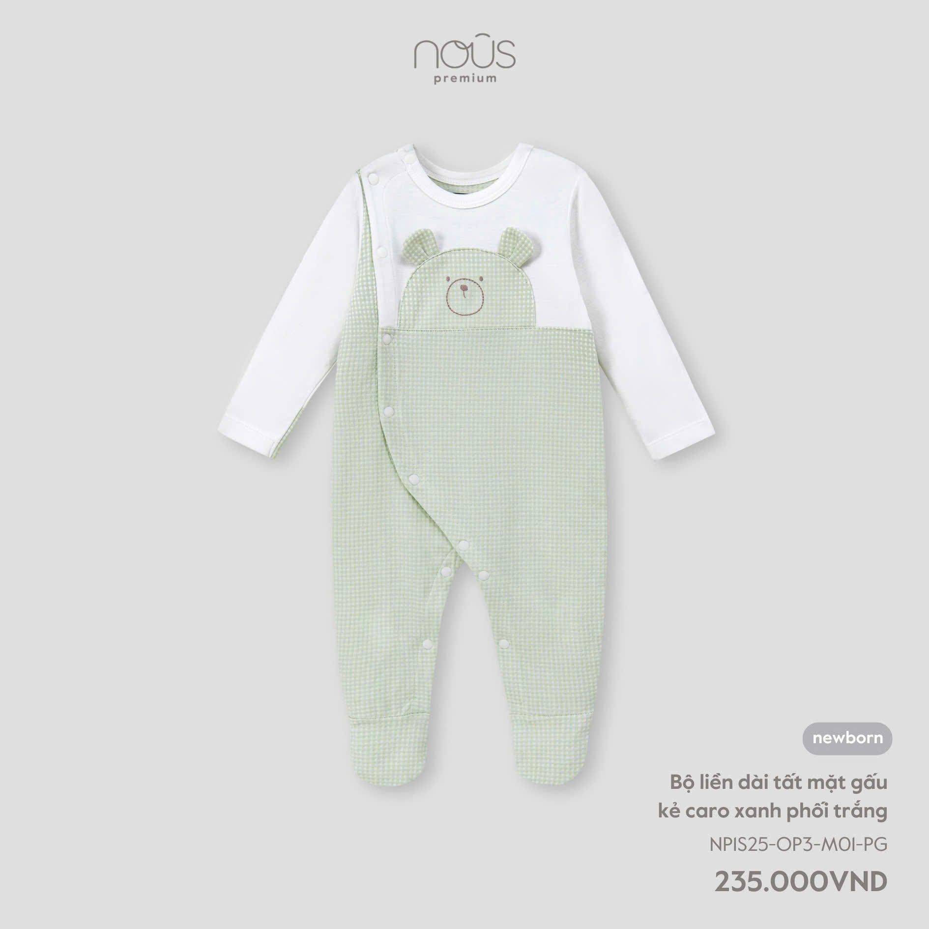 Bộ liền dài Nous tất mặt gấu kẻ caro xanh phối trắng NB