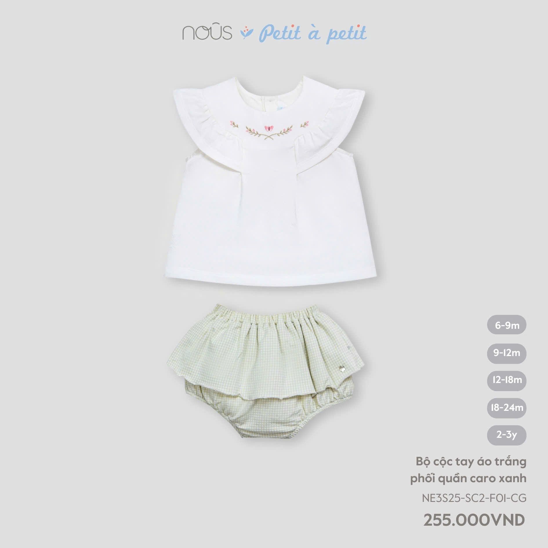 Bộ cộc tay Nous áo trắng phối quần caro xanh