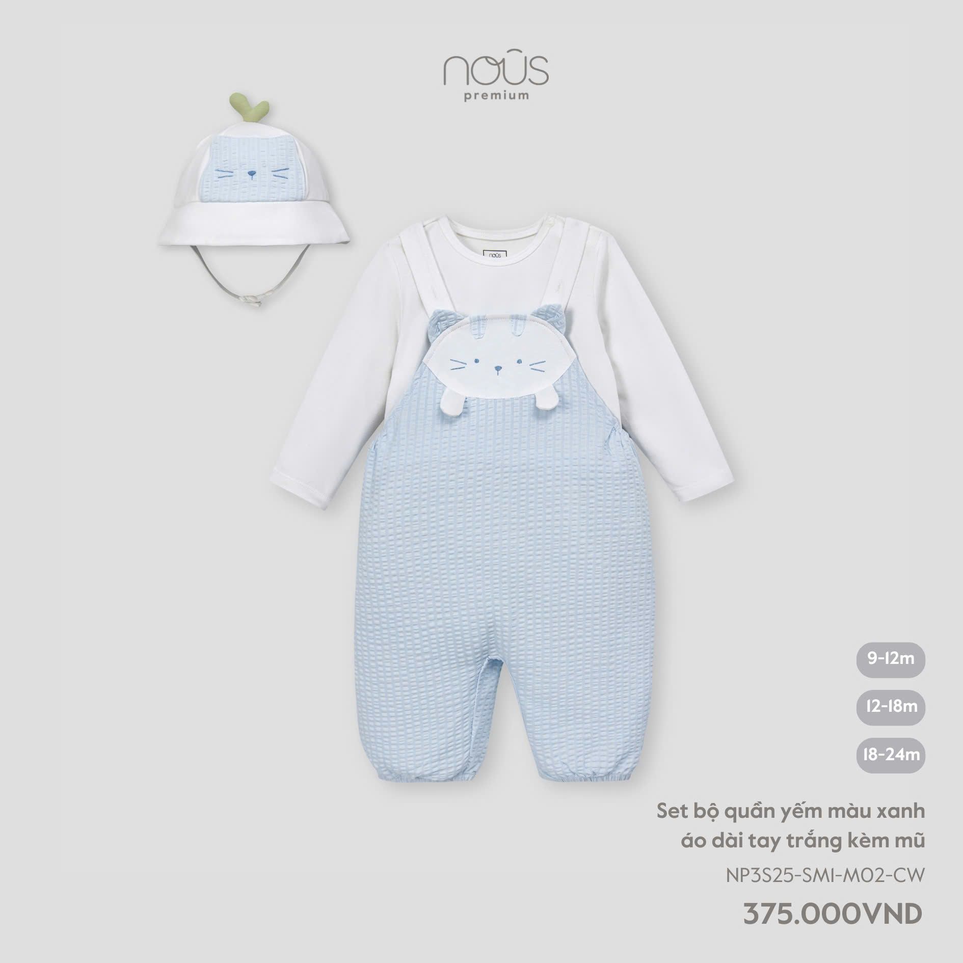Set bộ quần yếm Nous màu xanh áo dài tay trắng kèm mũ