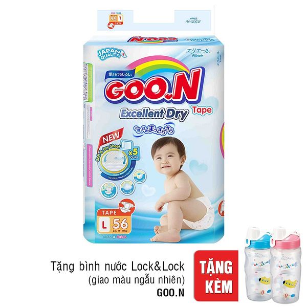 Tã Dán Goo.n Slim Gói Cực Đại L56 (56 Miếng) + Tặng Kèm Bình Nước Lock&Lock Cho Bé