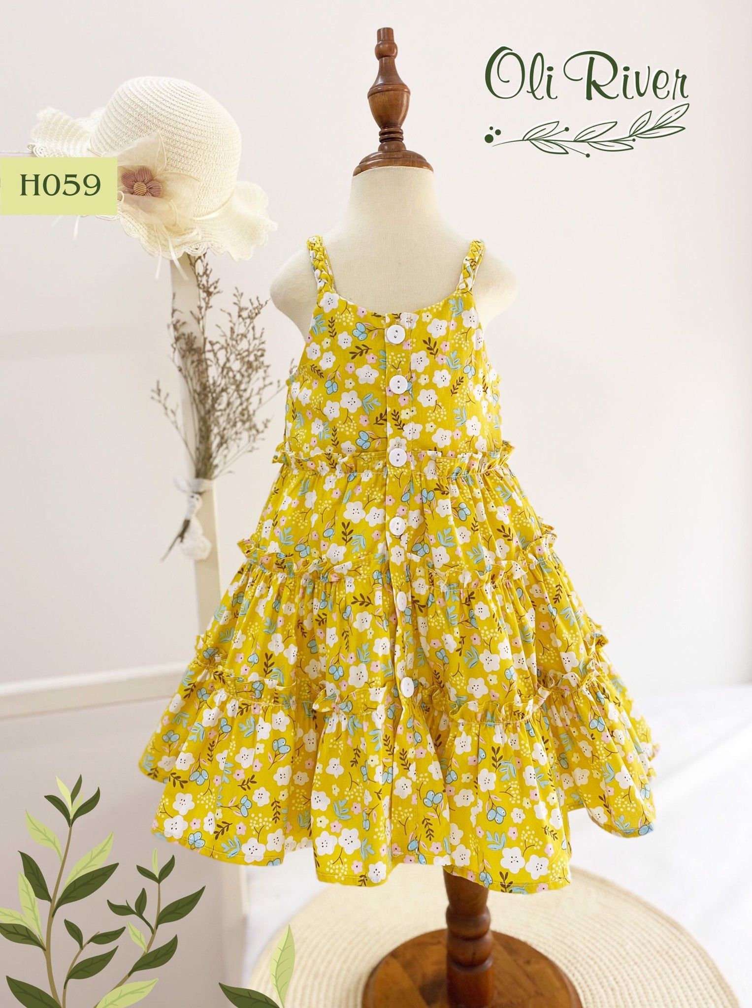  Váy tầng hai dây bé gái hoa vàng phối cúc ngực vàng H059-8 - ODZ330 
