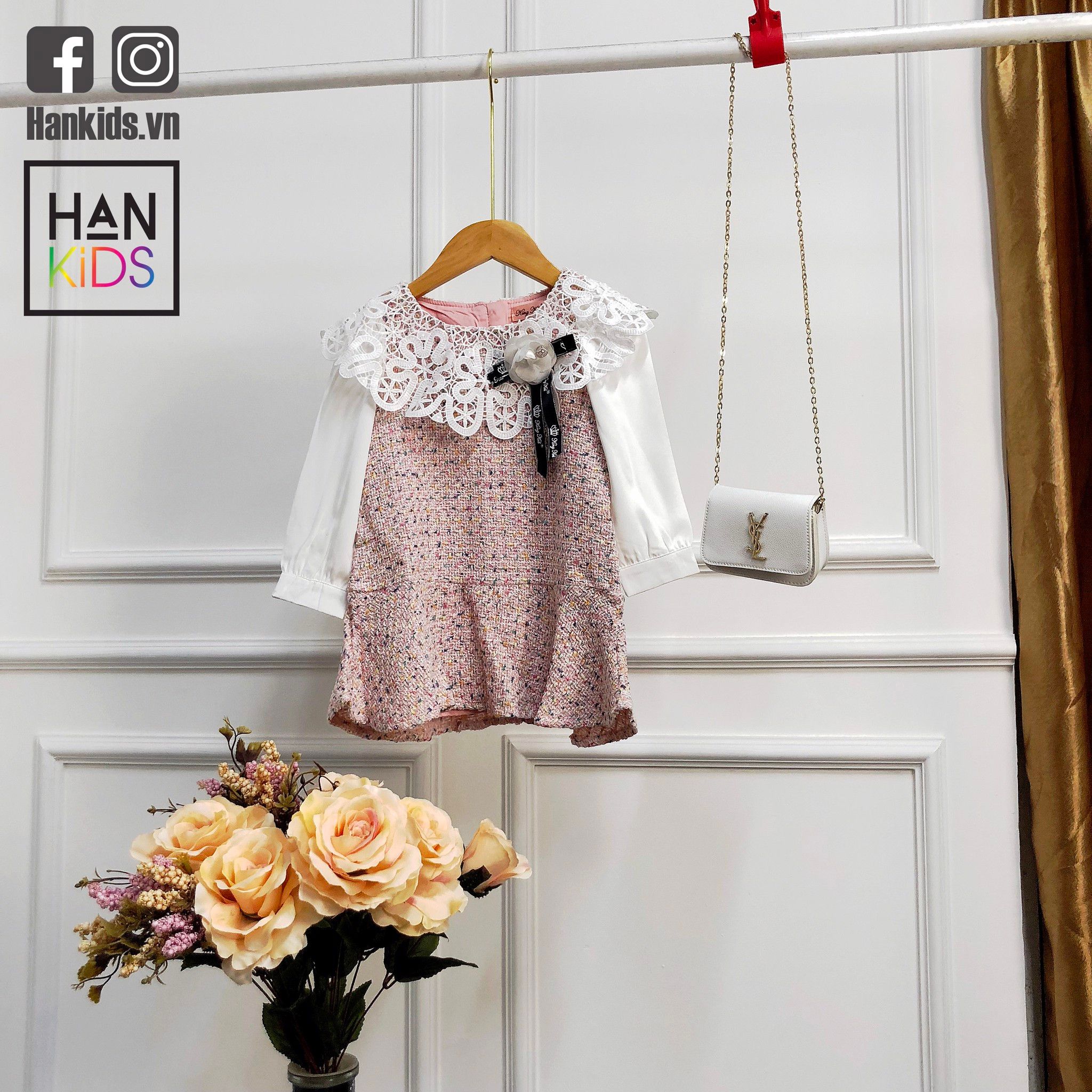 Váy đuôi cá cổ ren bèo phối nơ