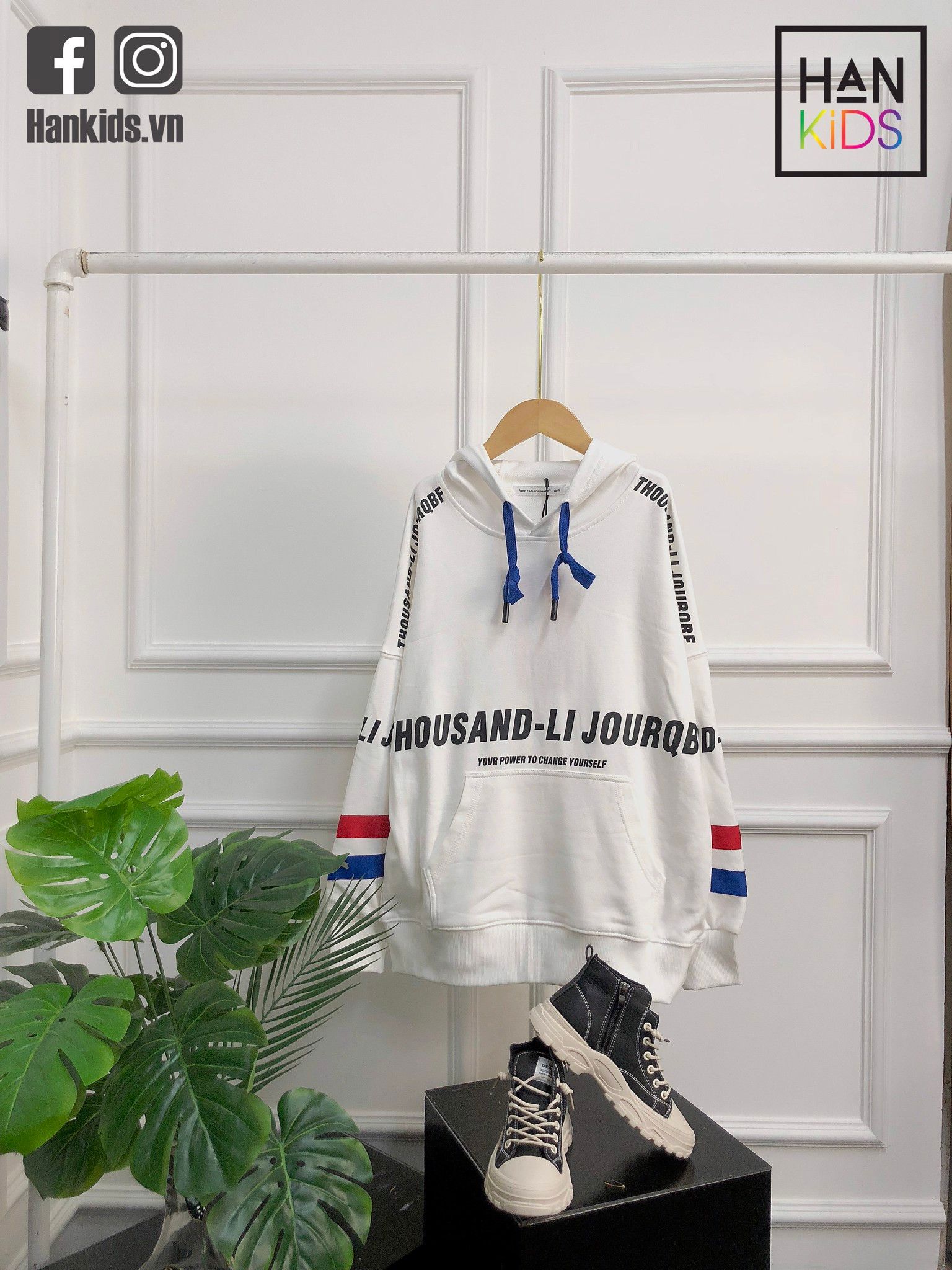 Áo bé trai hoddie tay phối sọc đỏ xanh