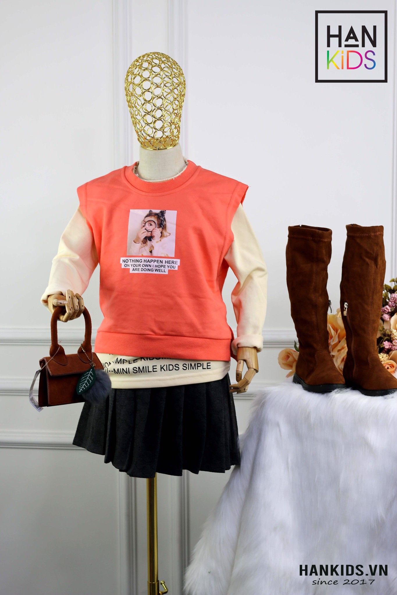 ÁO tay dài phối áo croptop cam in cô gái