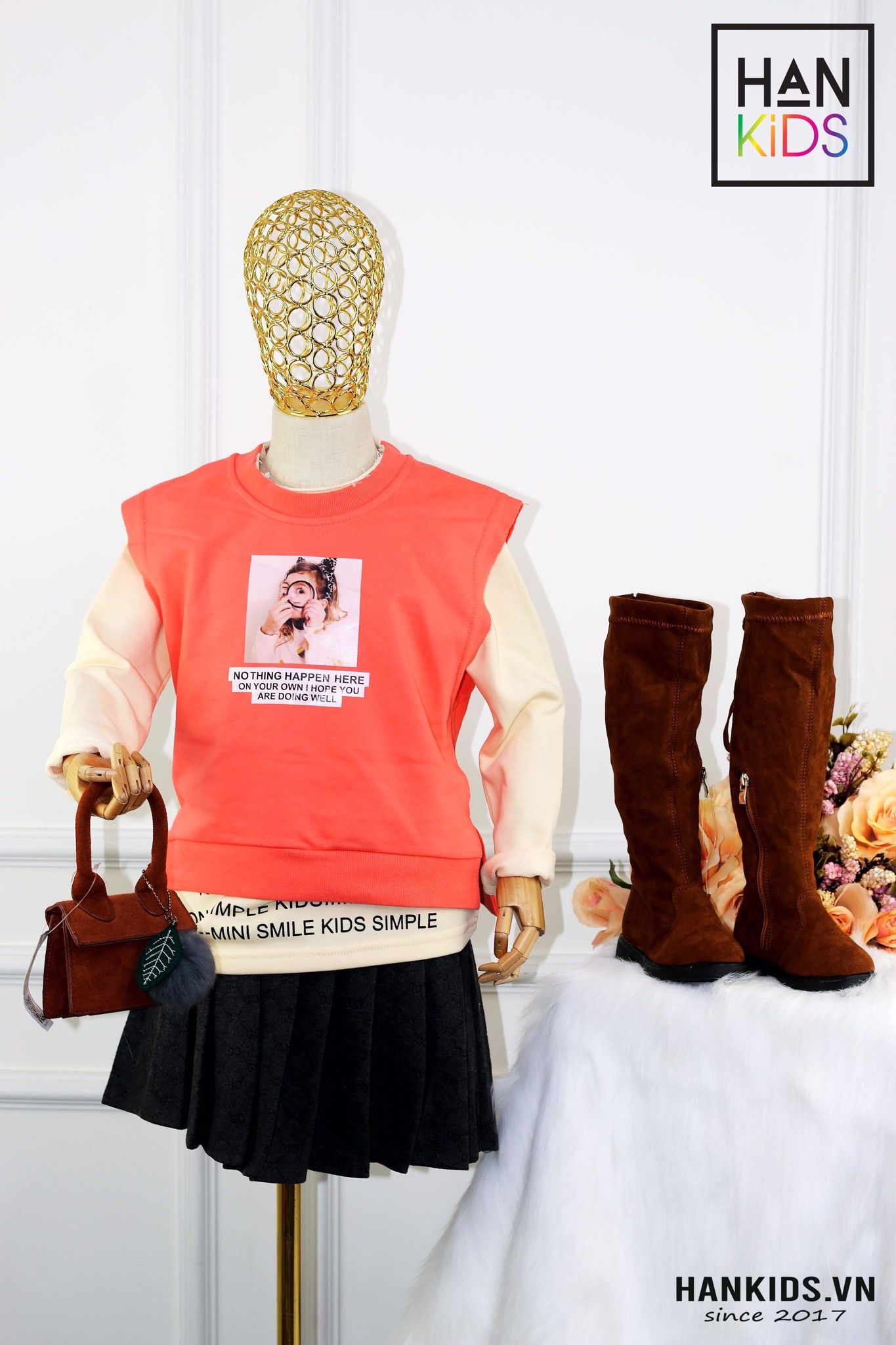 ÁO tay dài phối áo croptop cam in cô gái